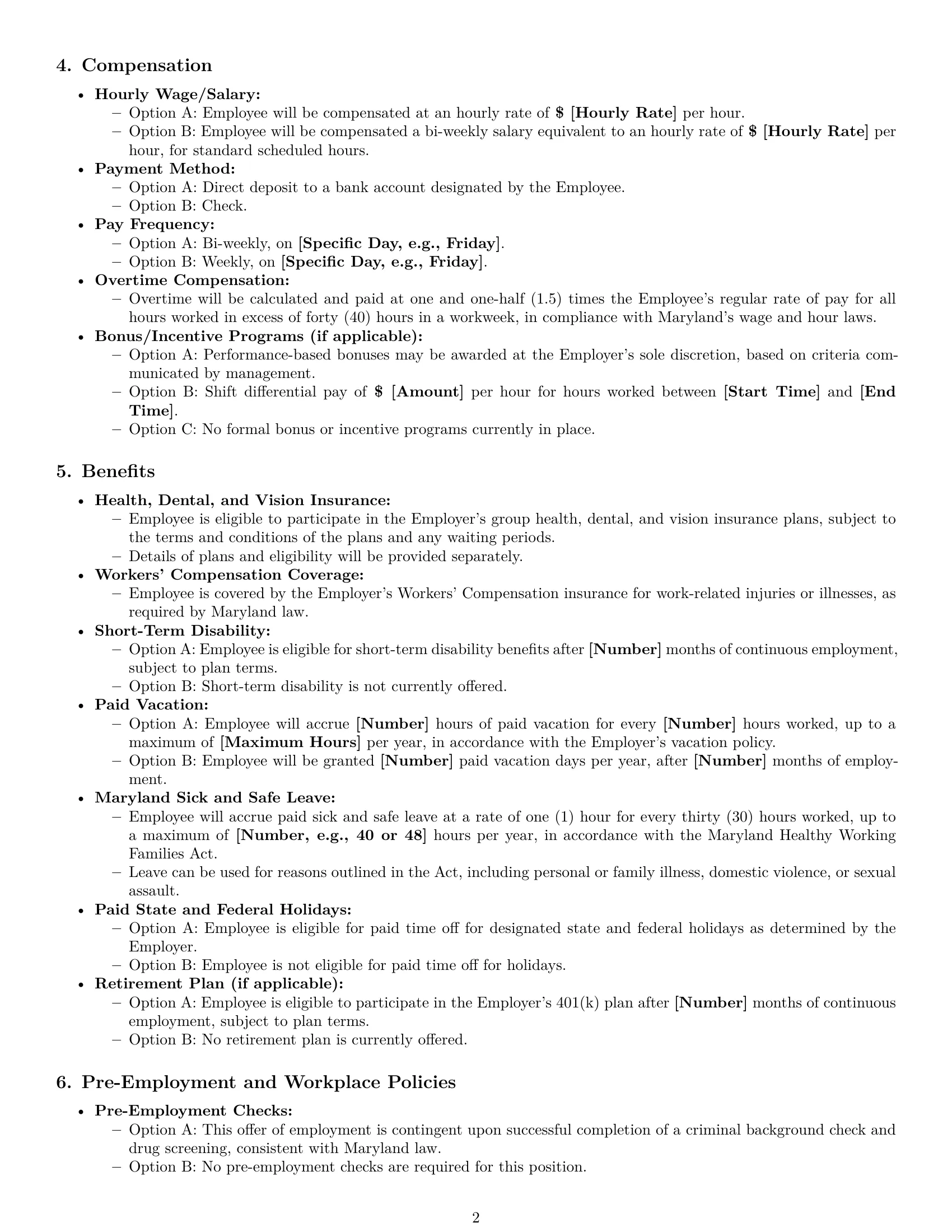 Preview page 2 of Pro Maryland warehouse worker employment contract template