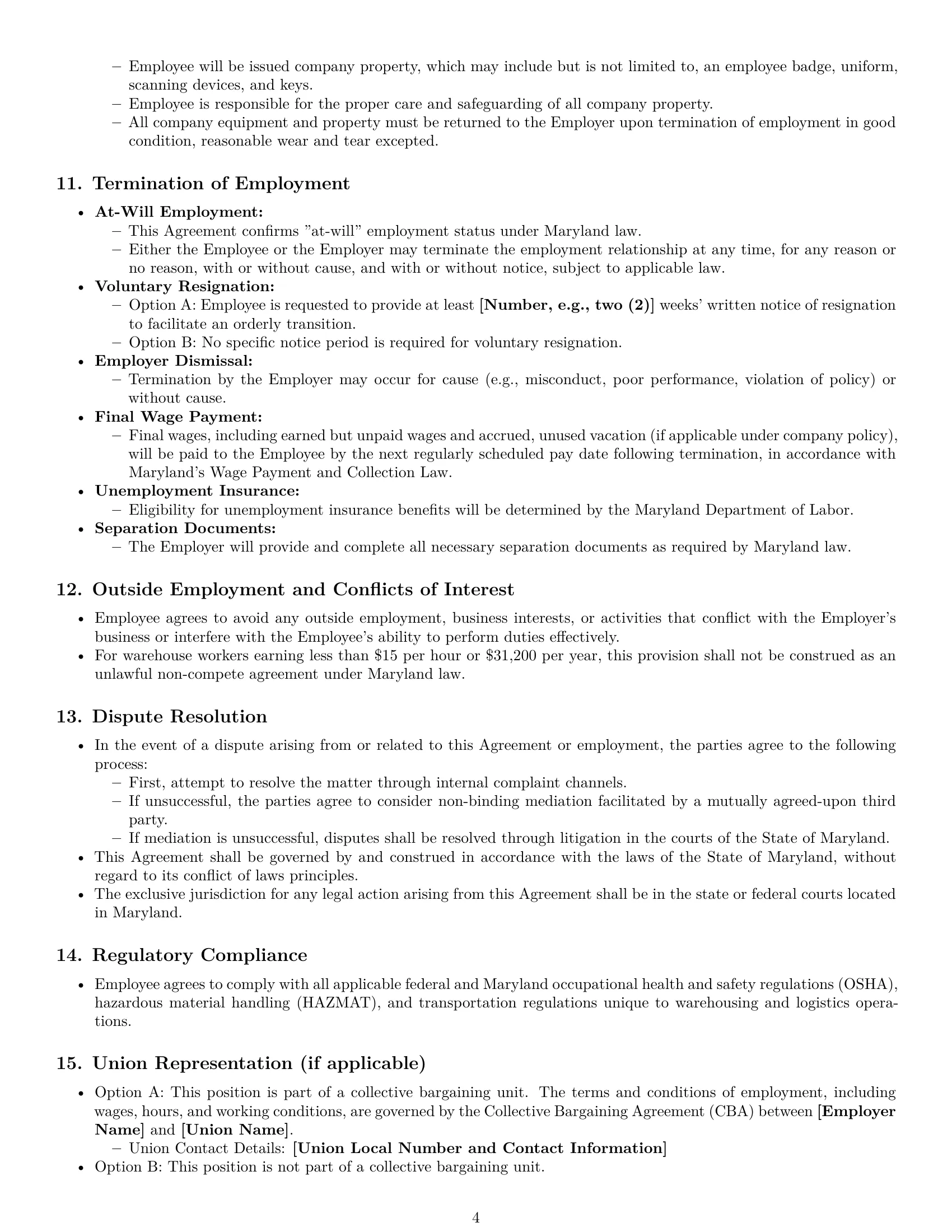 Preview page 4 of Pro Maryland warehouse worker employment contract template