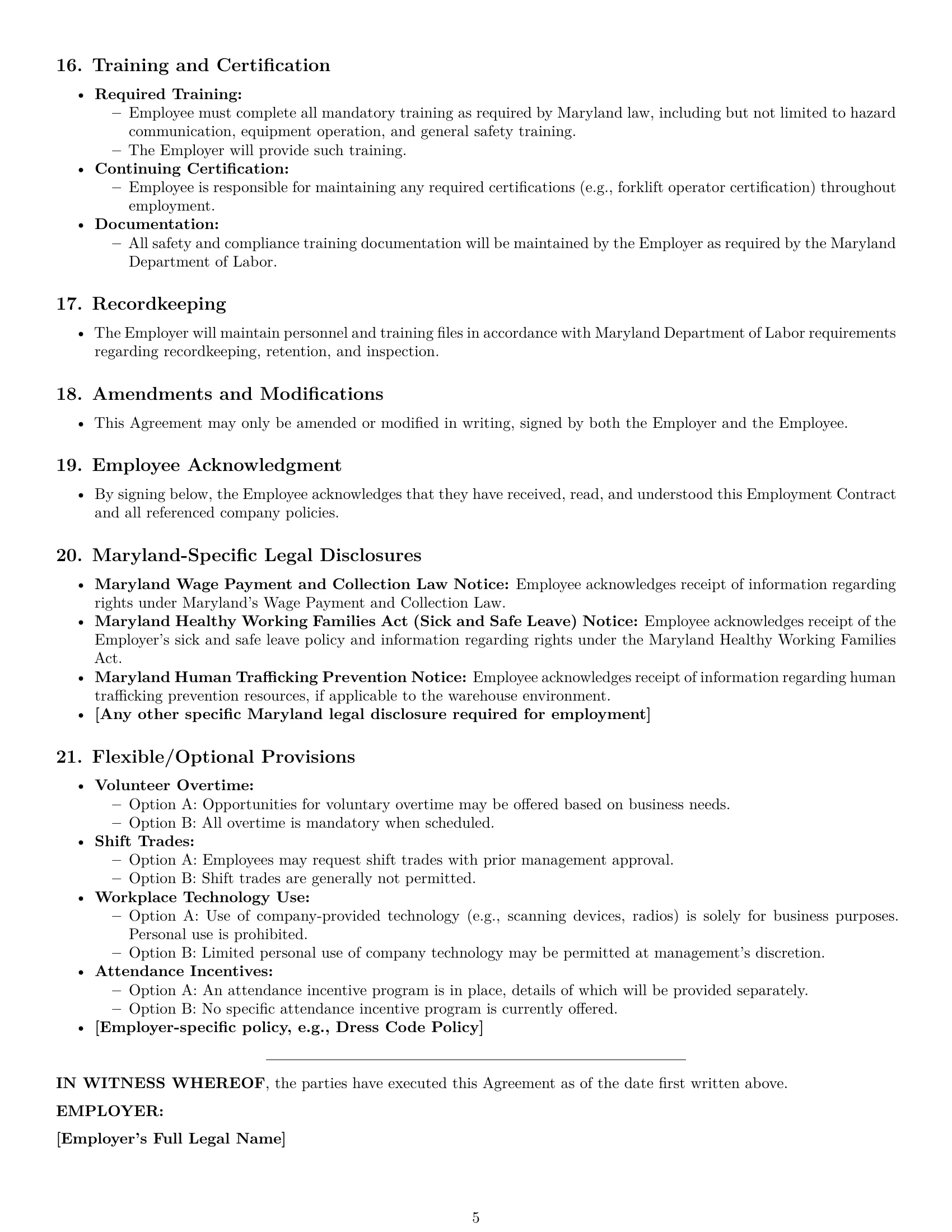 Preview page 5 of Pro Maryland warehouse worker employment contract template