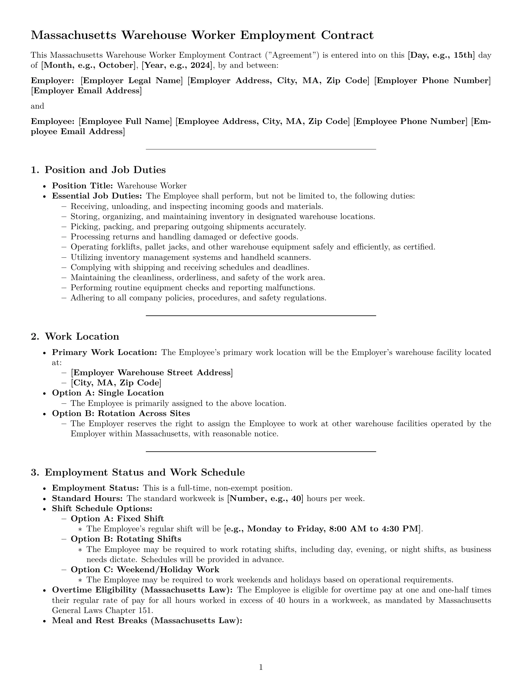 Preview page 1 of Pro Massachusetts warehouse worker employment contract template