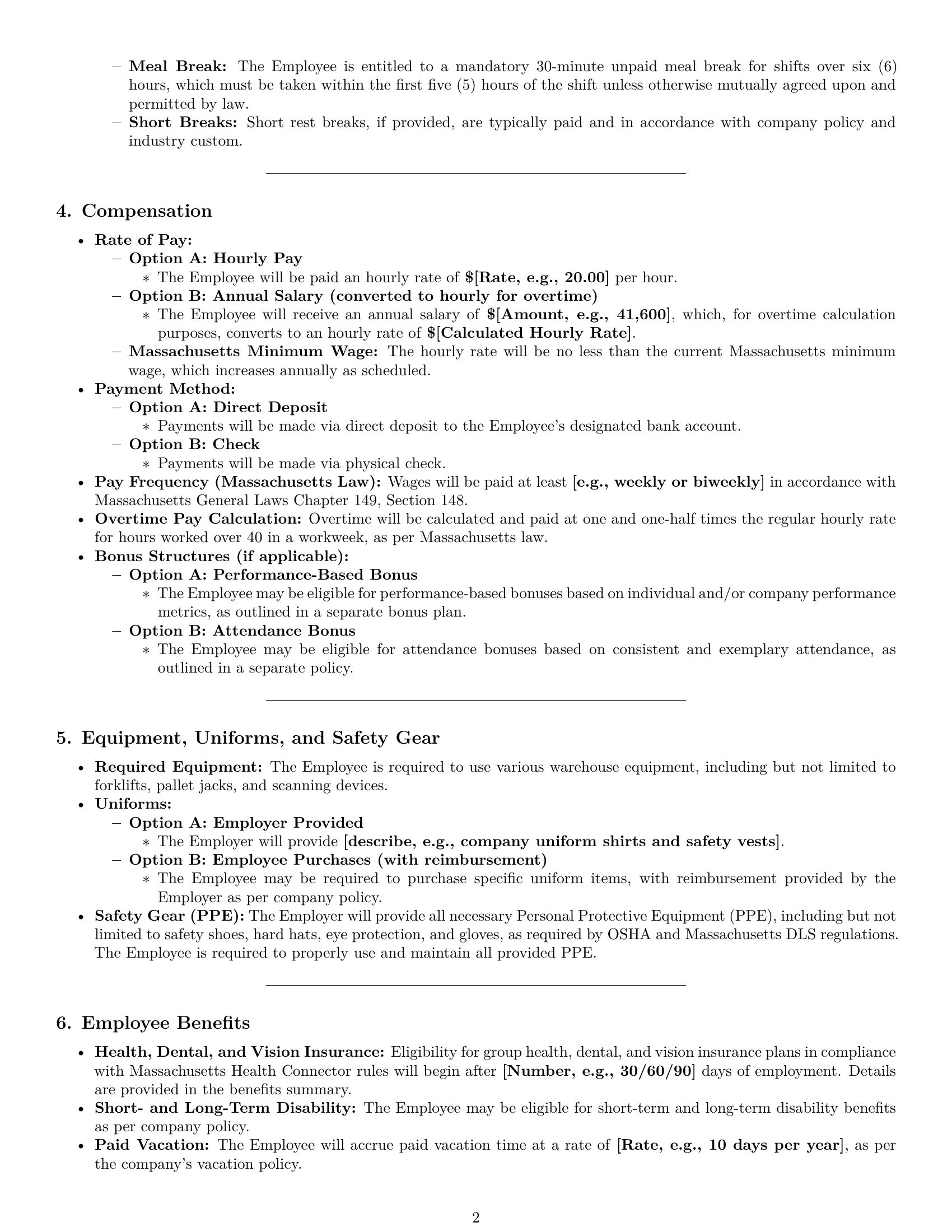 Preview page 2 of Pro Massachusetts warehouse worker employment contract template