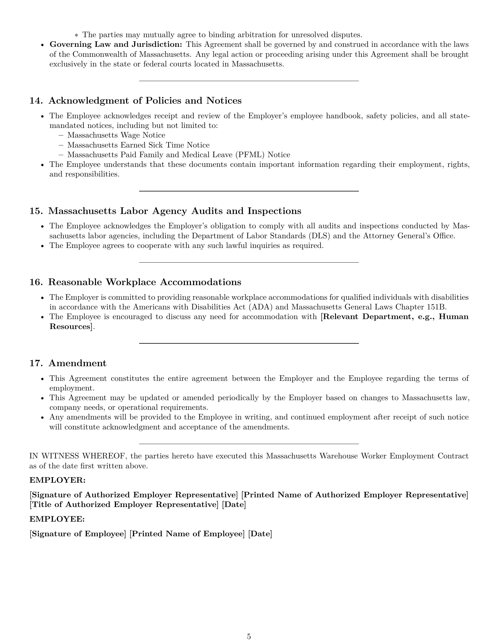 Preview page 5 of Pro Massachusetts warehouse worker employment contract template