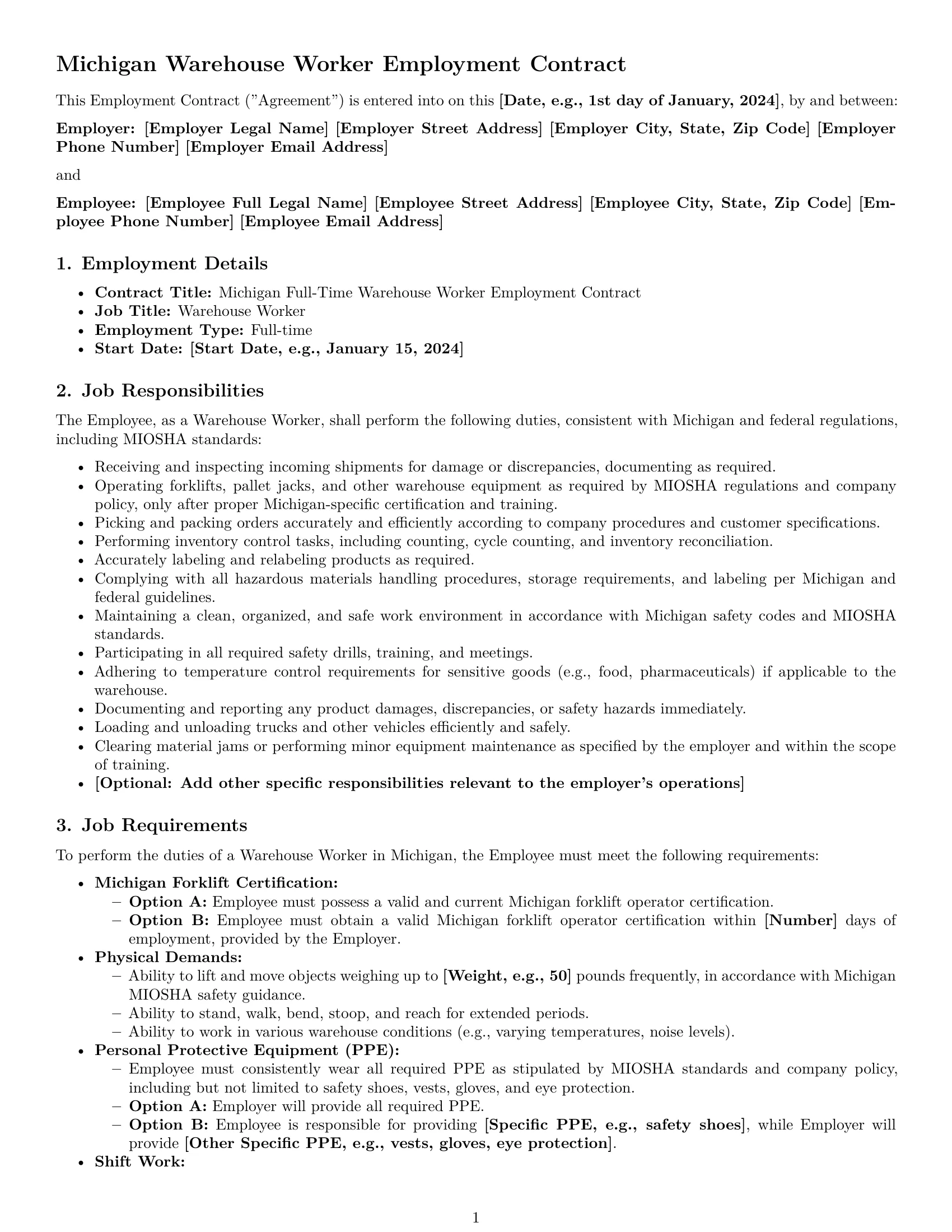 Preview page 1 of Pro Michigan warehouse worker employment contract template