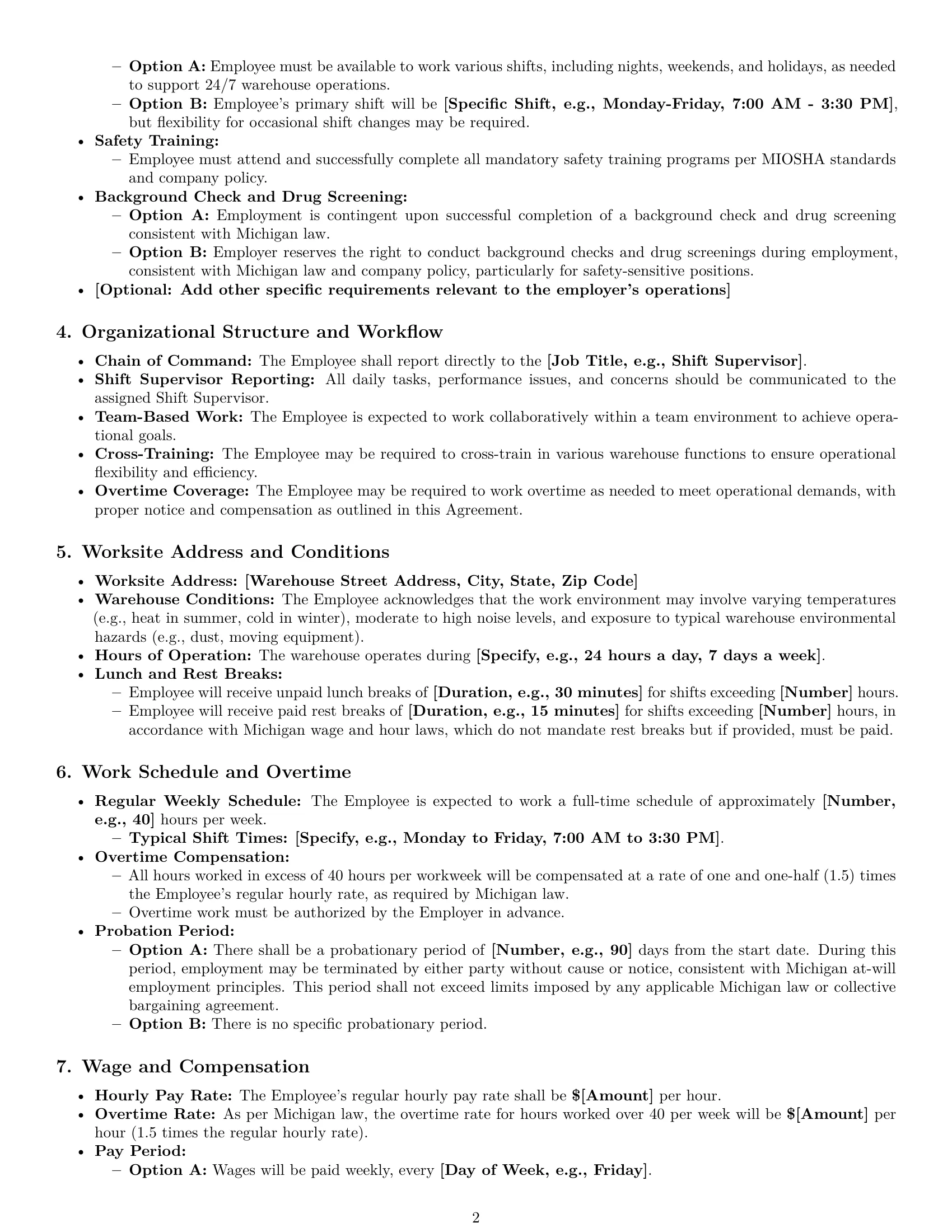 Preview page 2 of Pro Michigan warehouse worker employment contract template