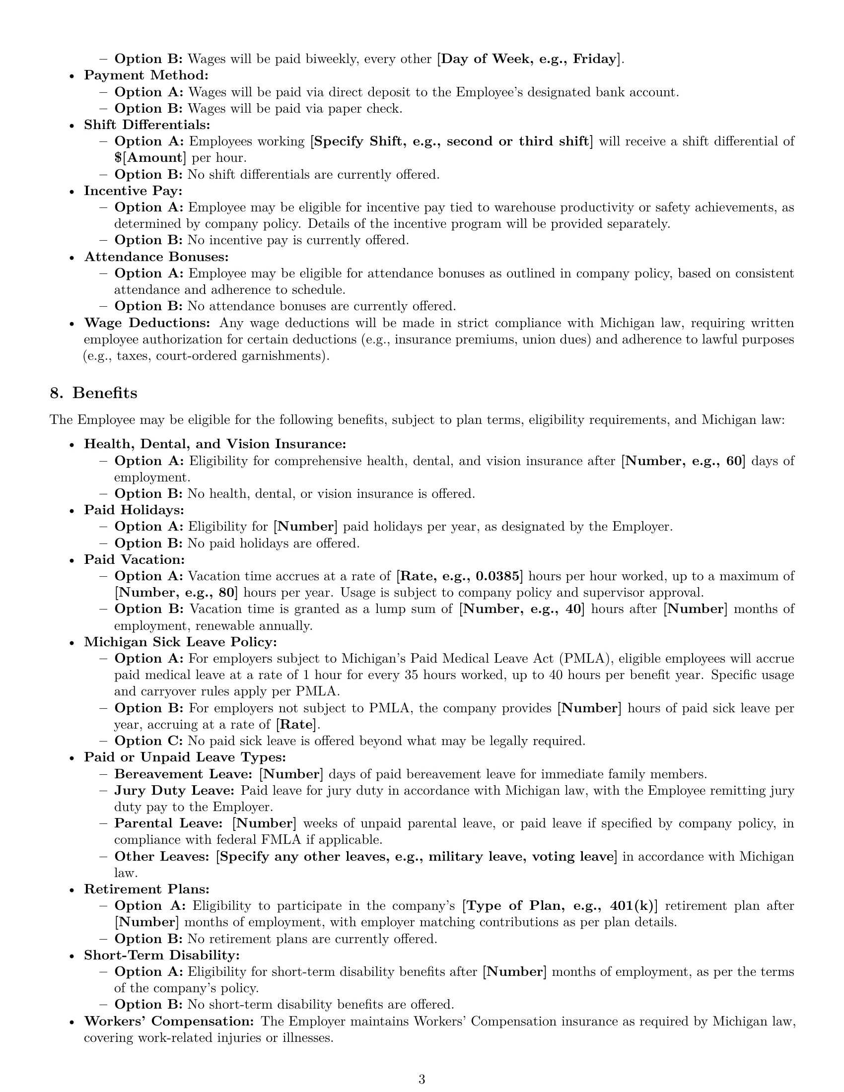Preview page 3 of Pro Michigan warehouse worker employment contract template