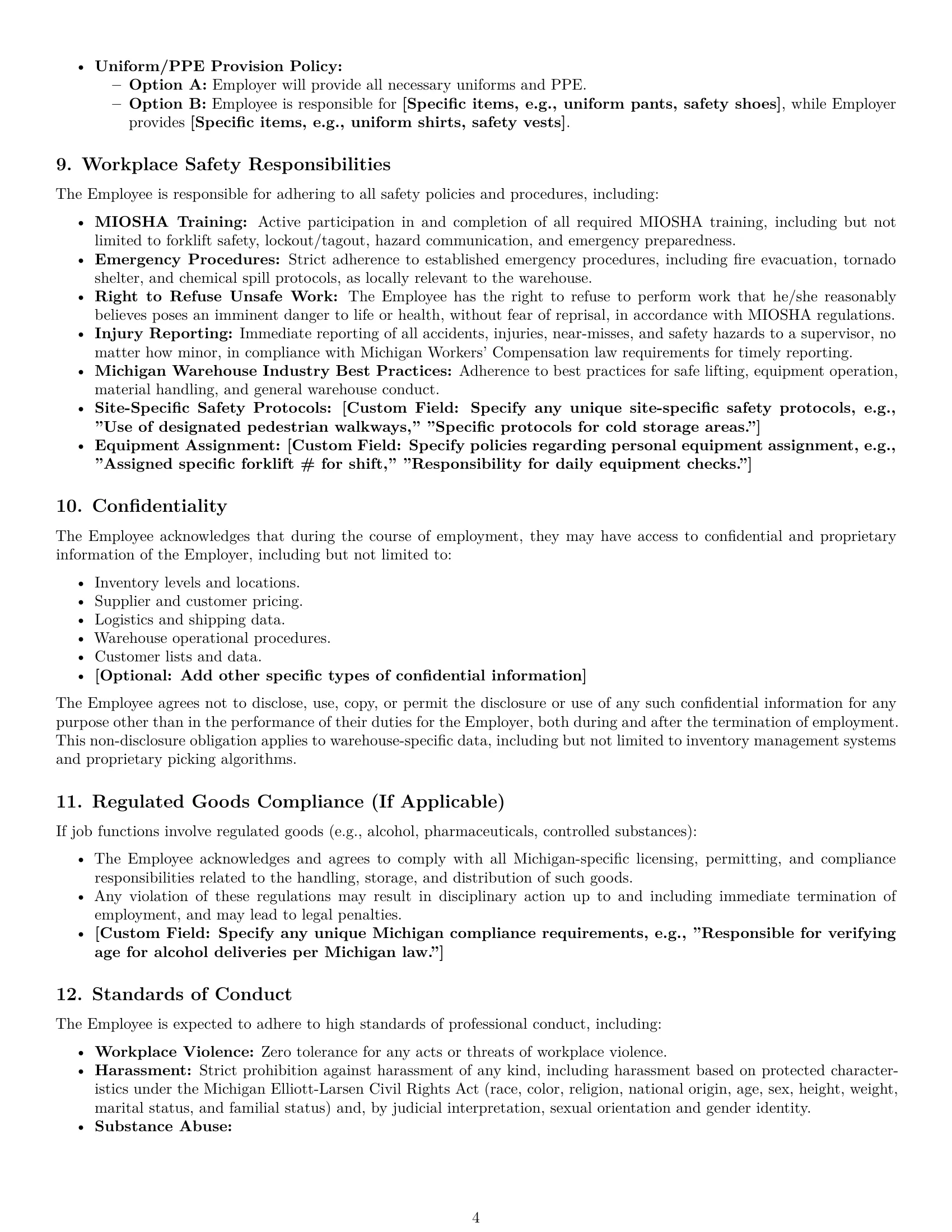 Preview page 4 of Pro Michigan warehouse worker employment contract template