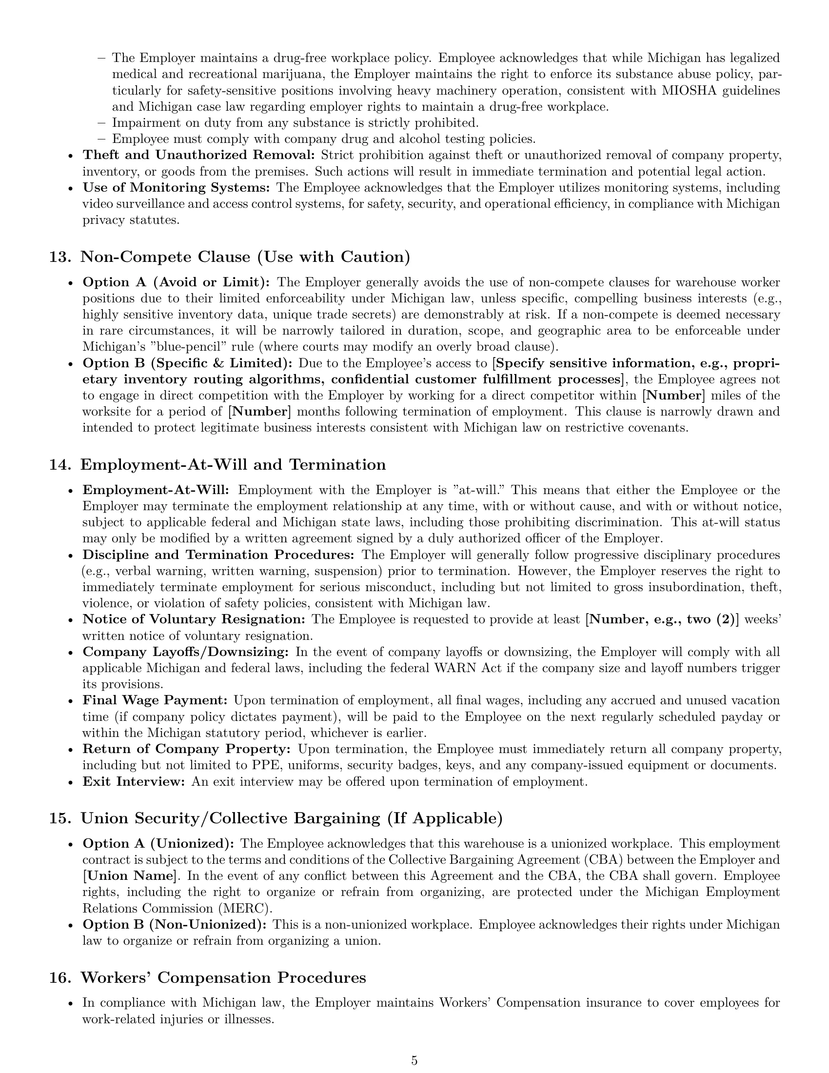 Preview page 5 of Pro Michigan warehouse worker employment contract template