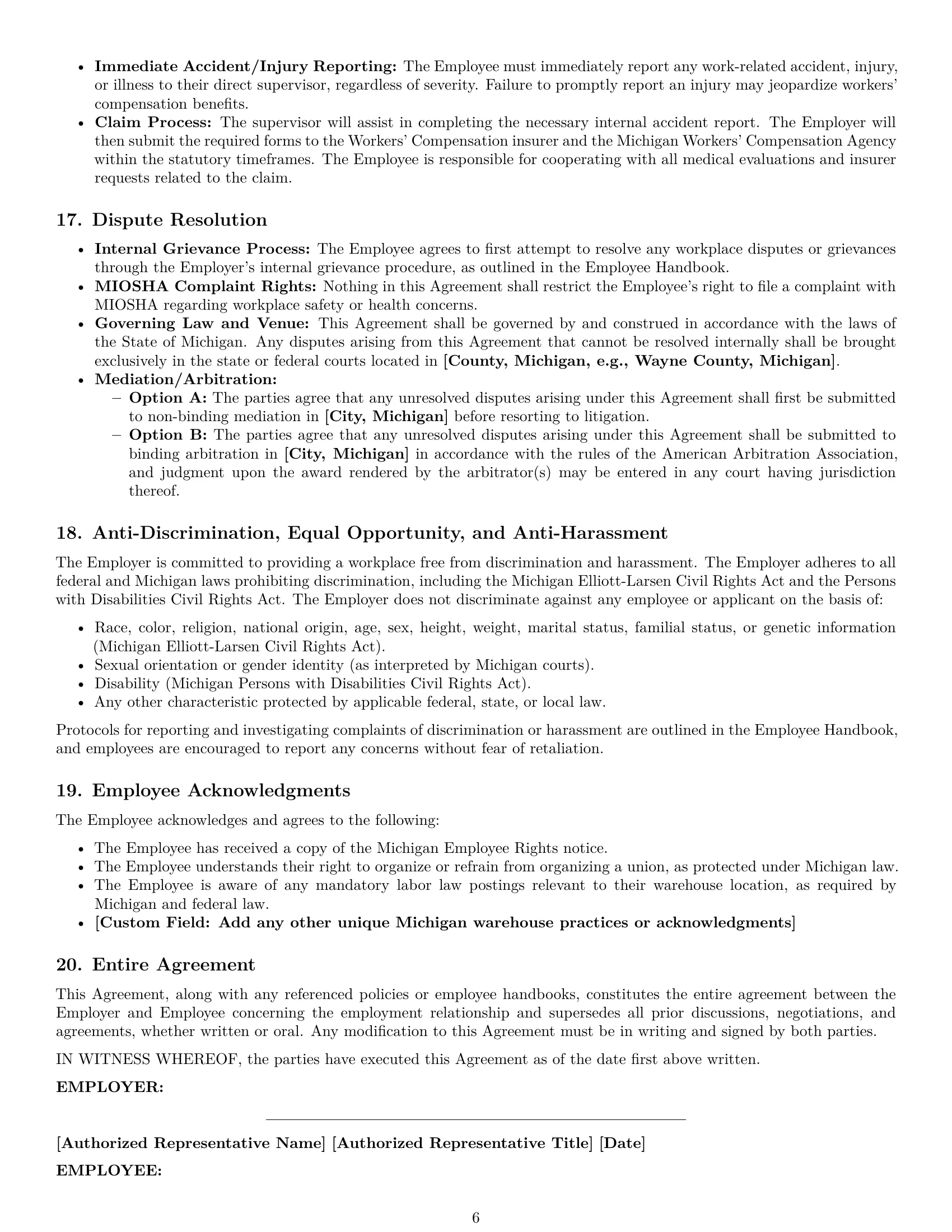 Preview page 6 of Pro Michigan warehouse worker employment contract template