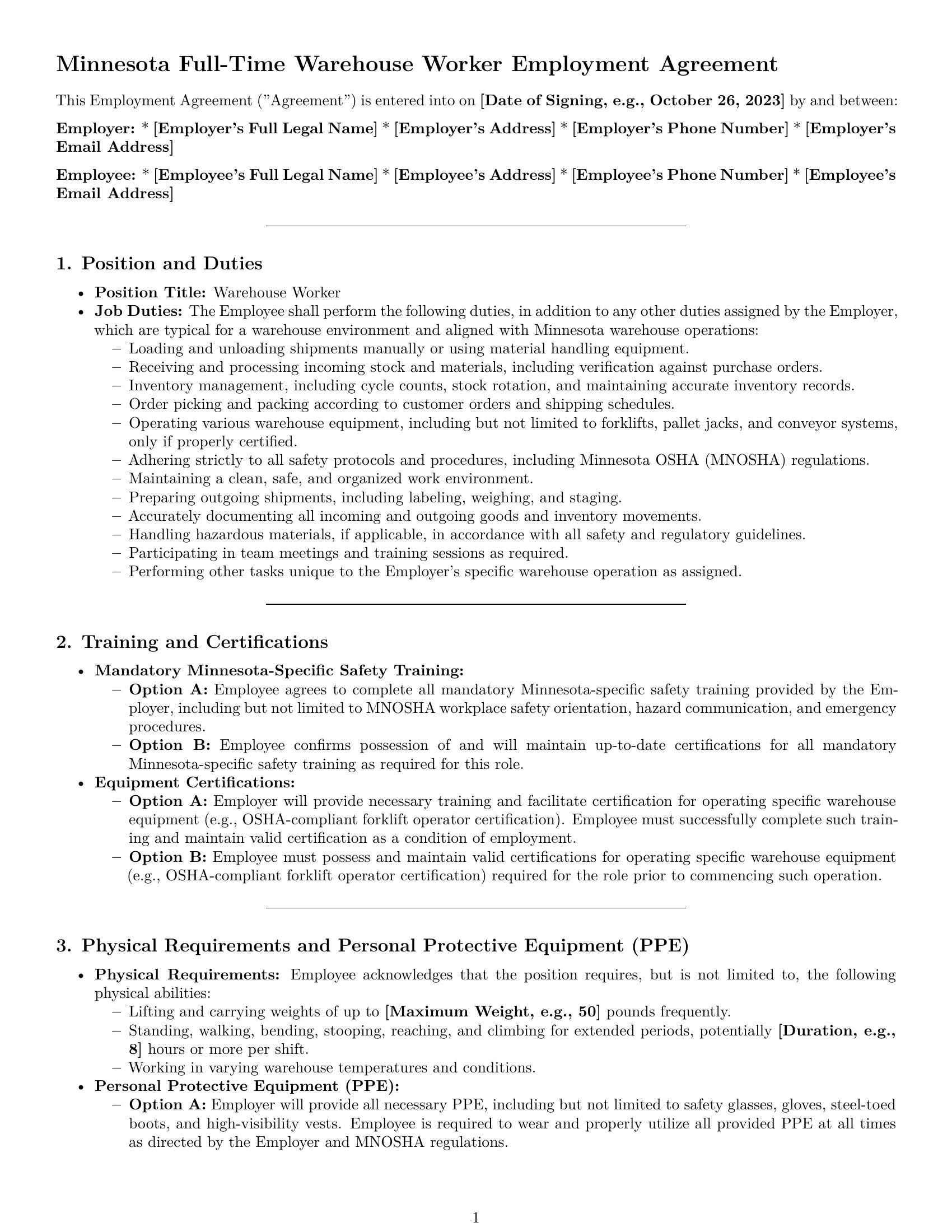 Preview page 1 of Pro Minnesota warehouse worker employment contract template