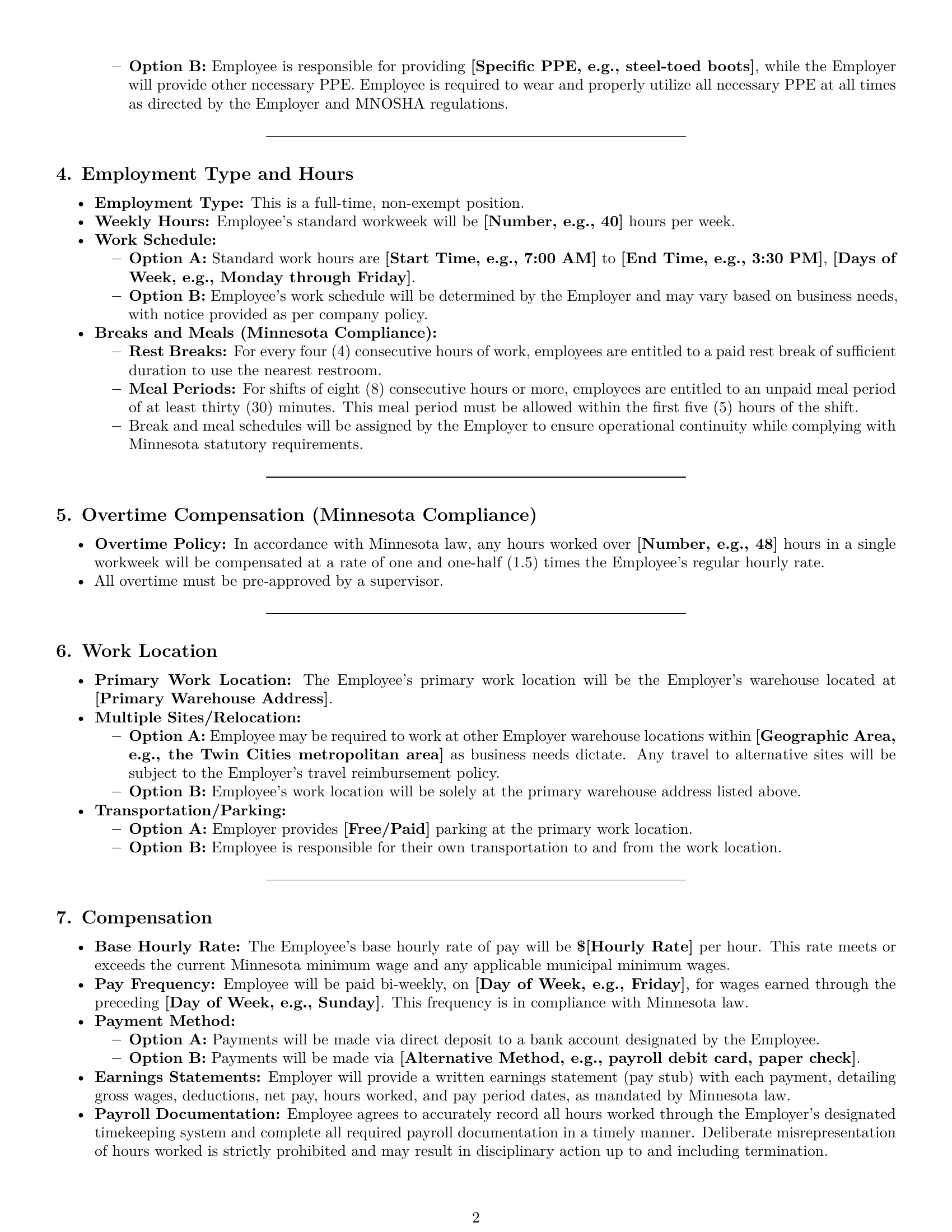 Preview page 2 of Pro Minnesota warehouse worker employment contract template