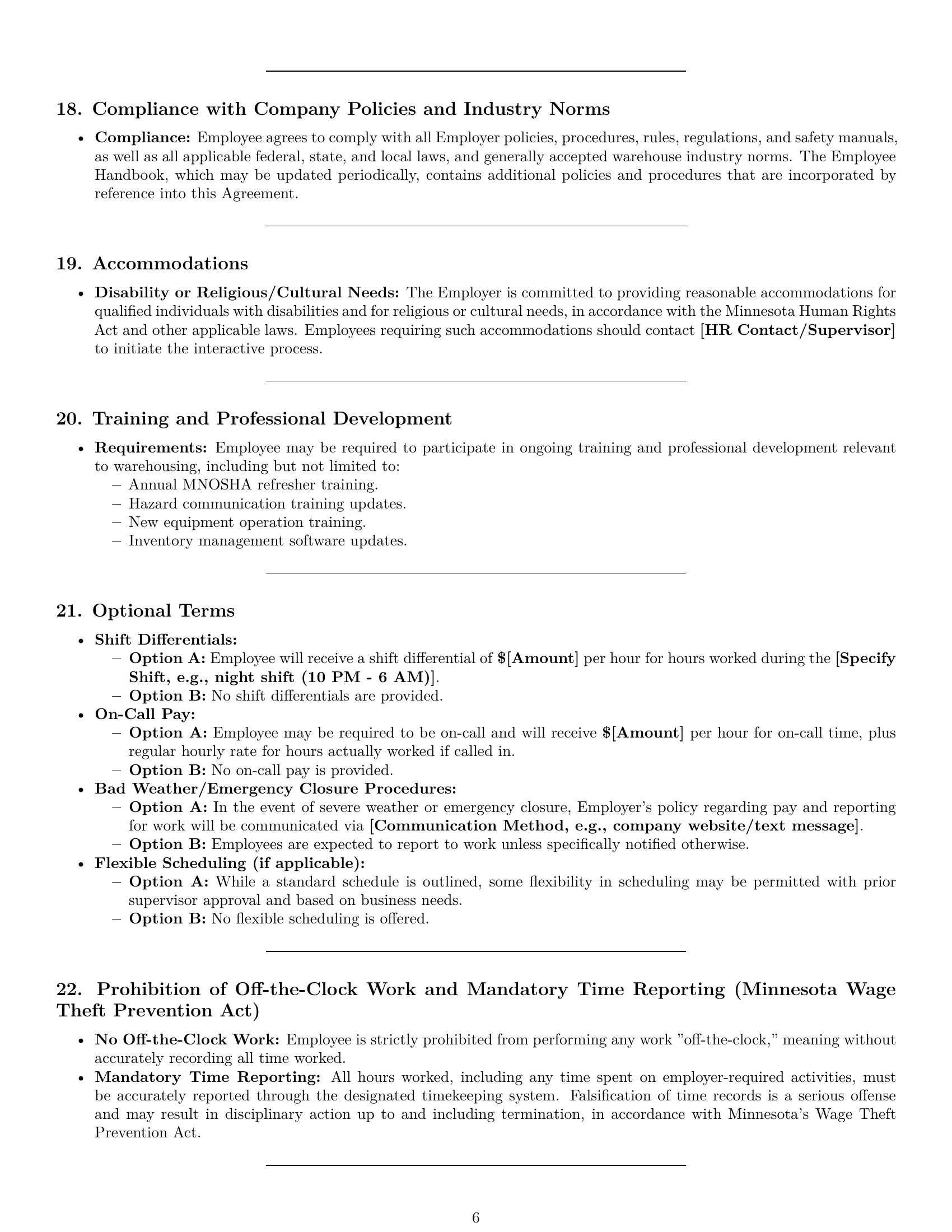Preview page 6 of Pro Minnesota warehouse worker employment contract template
