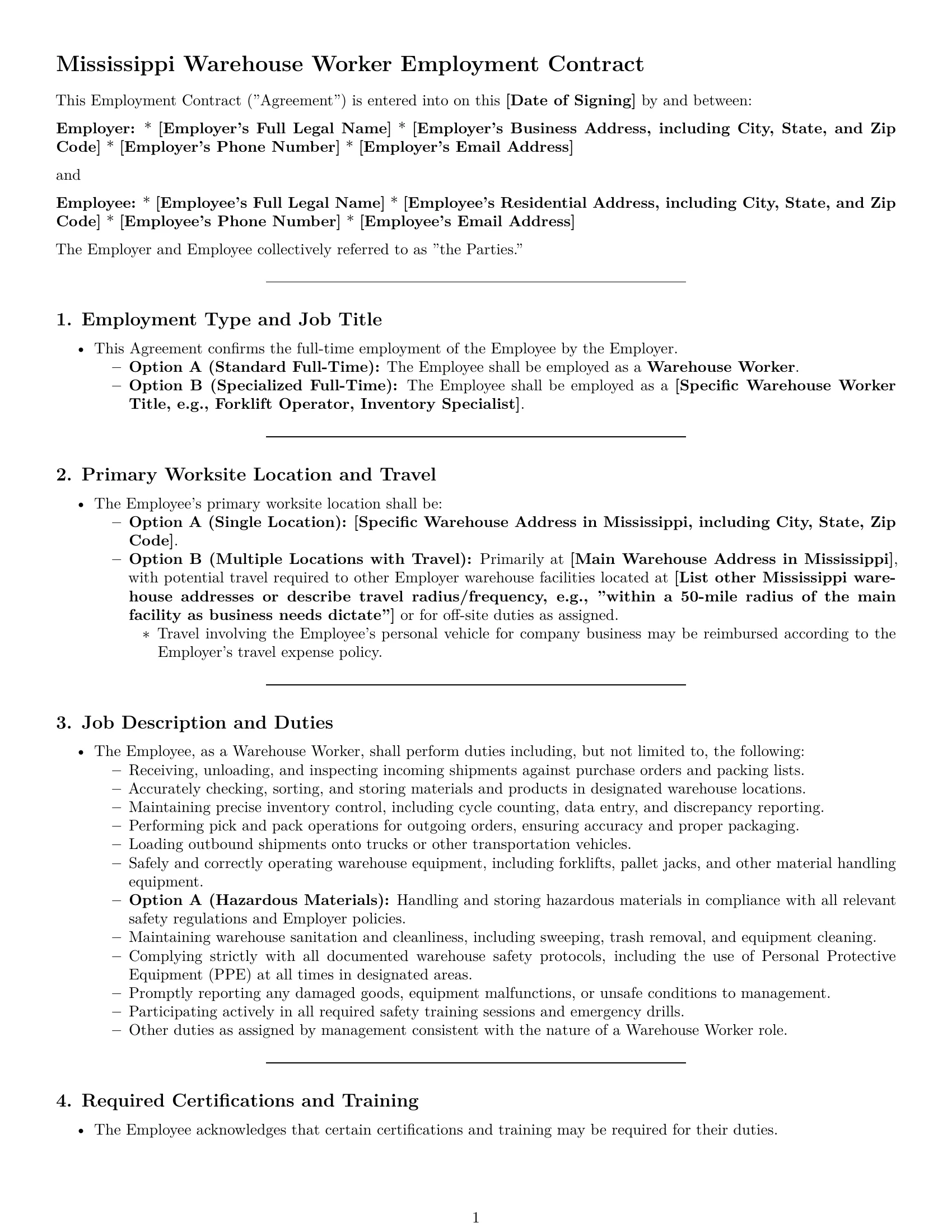 Preview page 1 of Pro Mississippi warehouse worker employment contract template