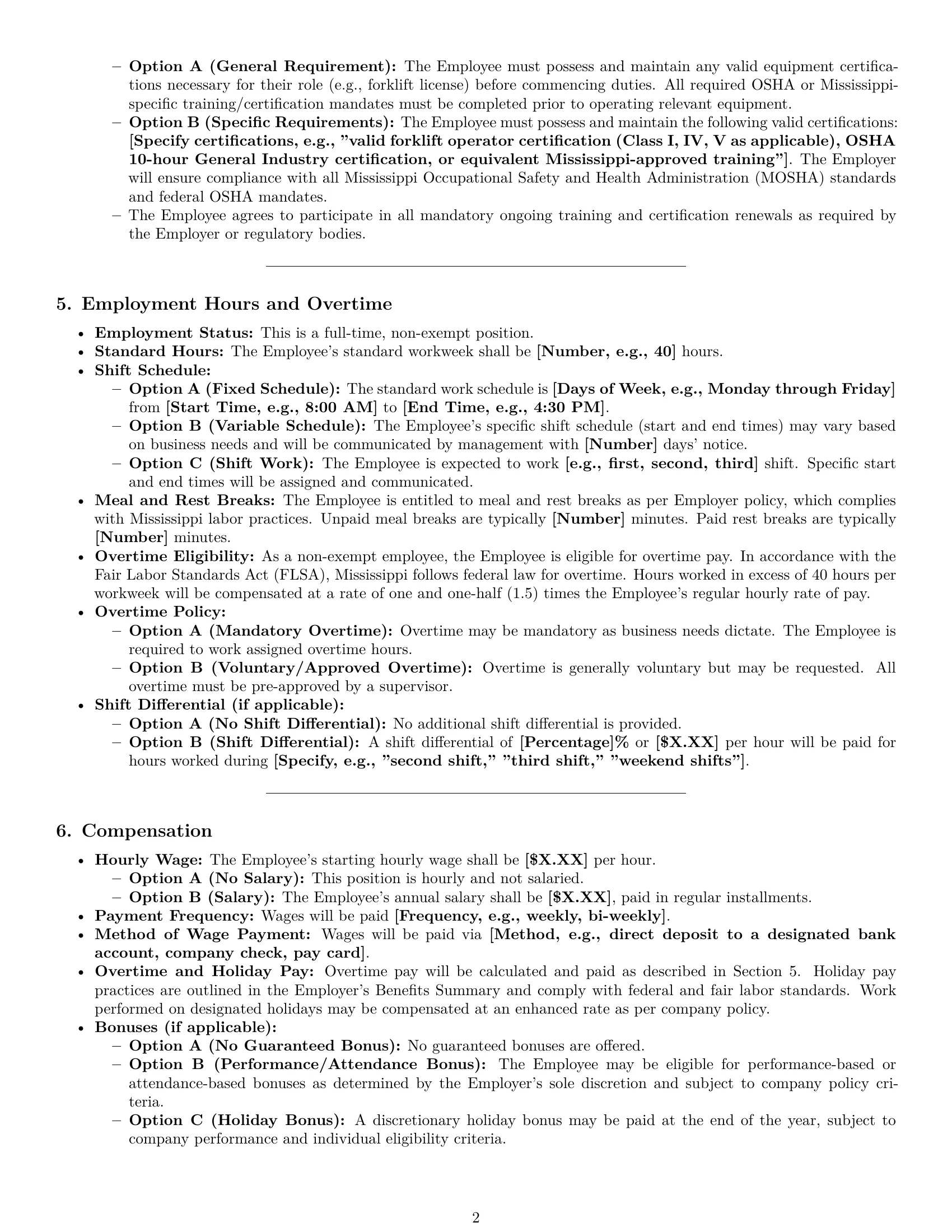 Preview page 2 of Pro Mississippi warehouse worker employment contract template
