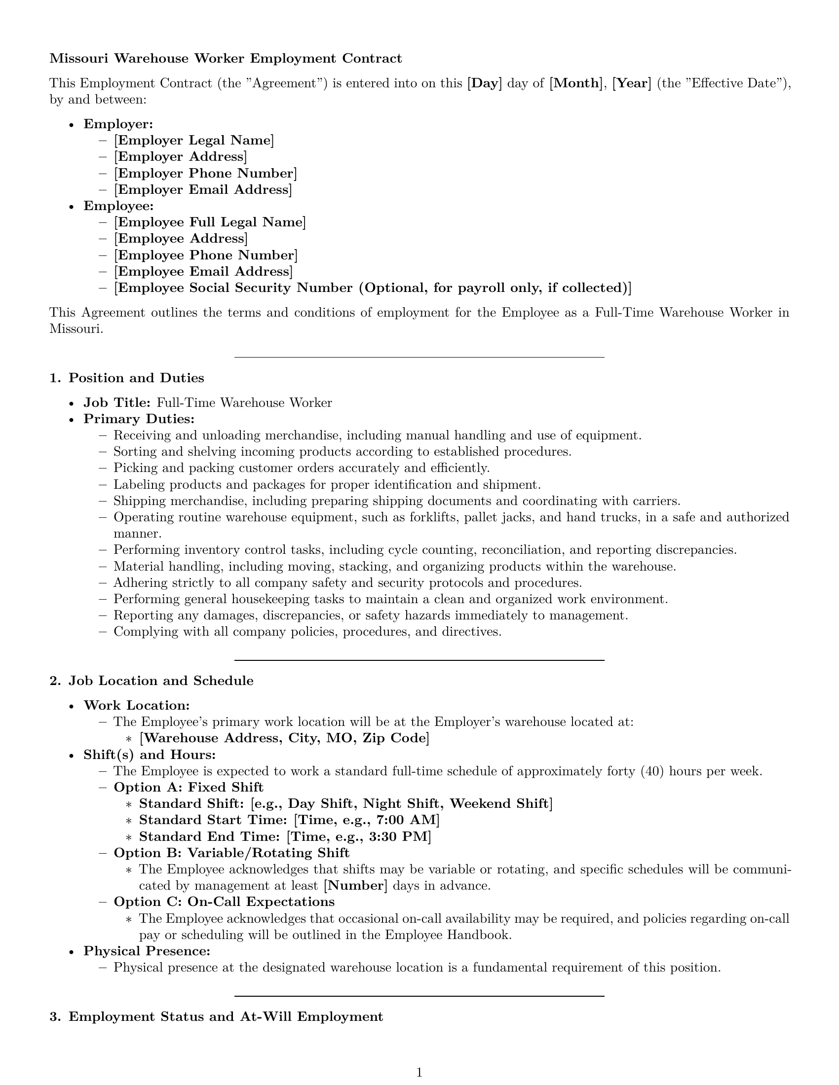 Preview page 1 of Pro Missouri warehouse worker employment contract template