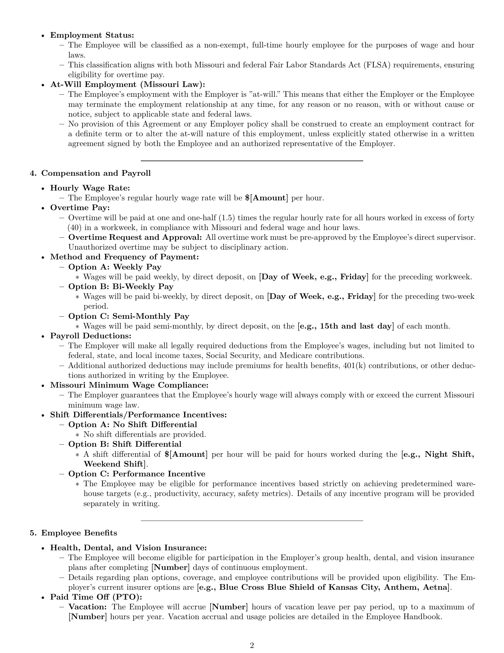 Preview page 2 of Pro Missouri warehouse worker employment contract template