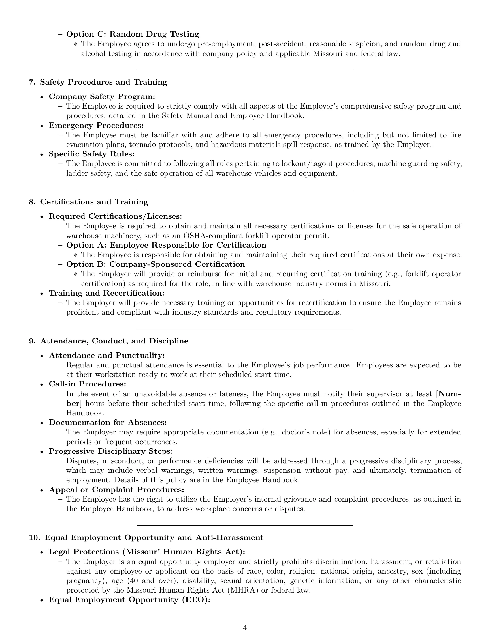 Preview page 4 of Pro Missouri warehouse worker employment contract template