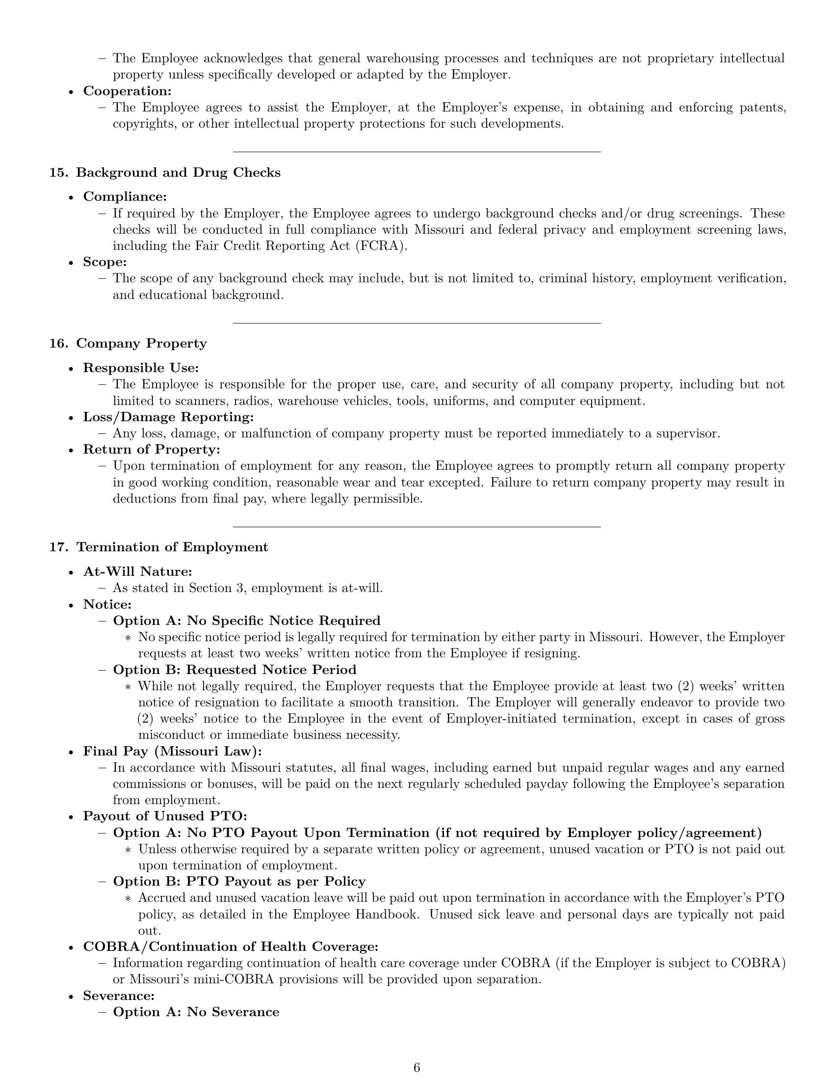 Preview page 6 of Pro Missouri warehouse worker employment contract template