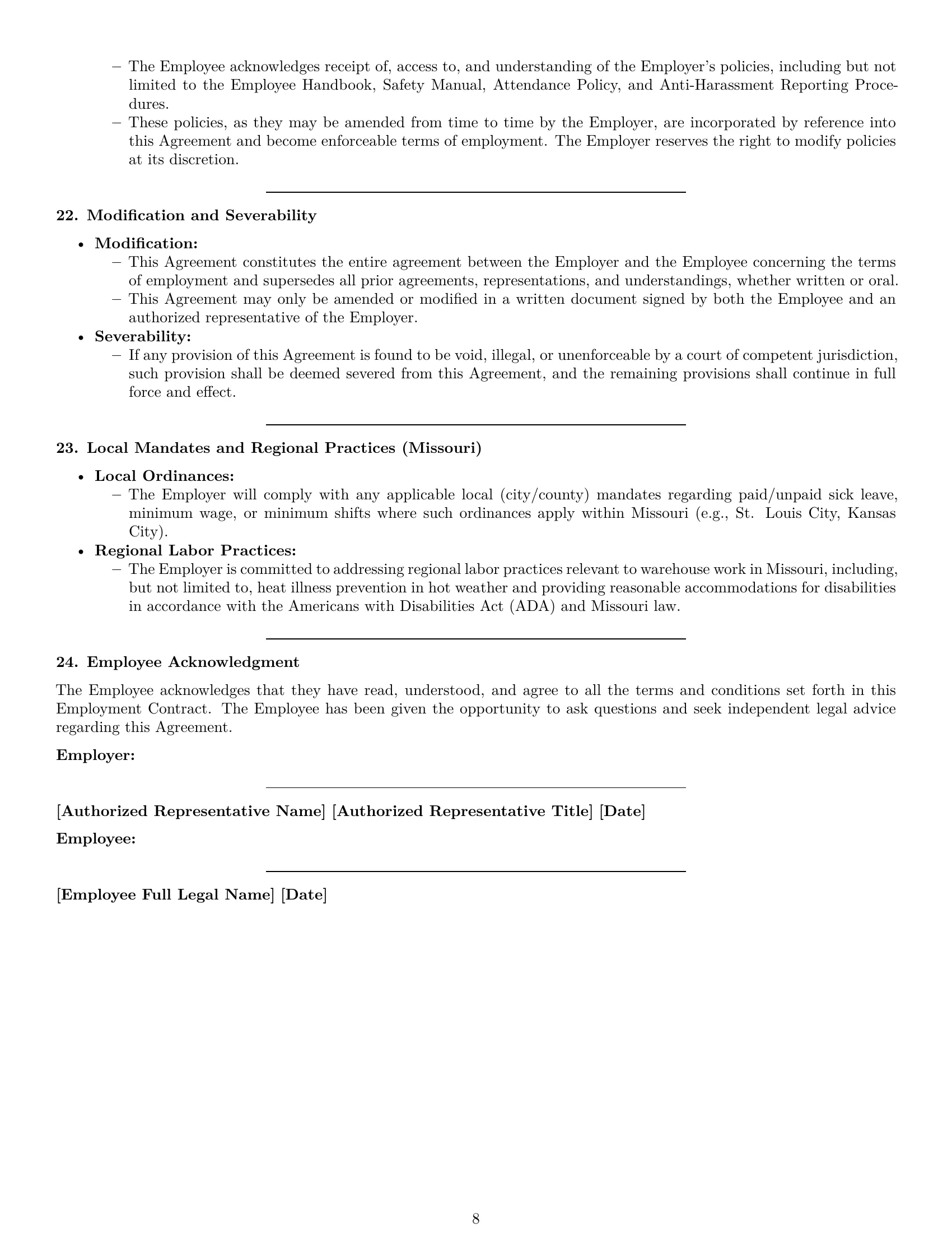 Preview page 8 of Pro Missouri warehouse worker employment contract template