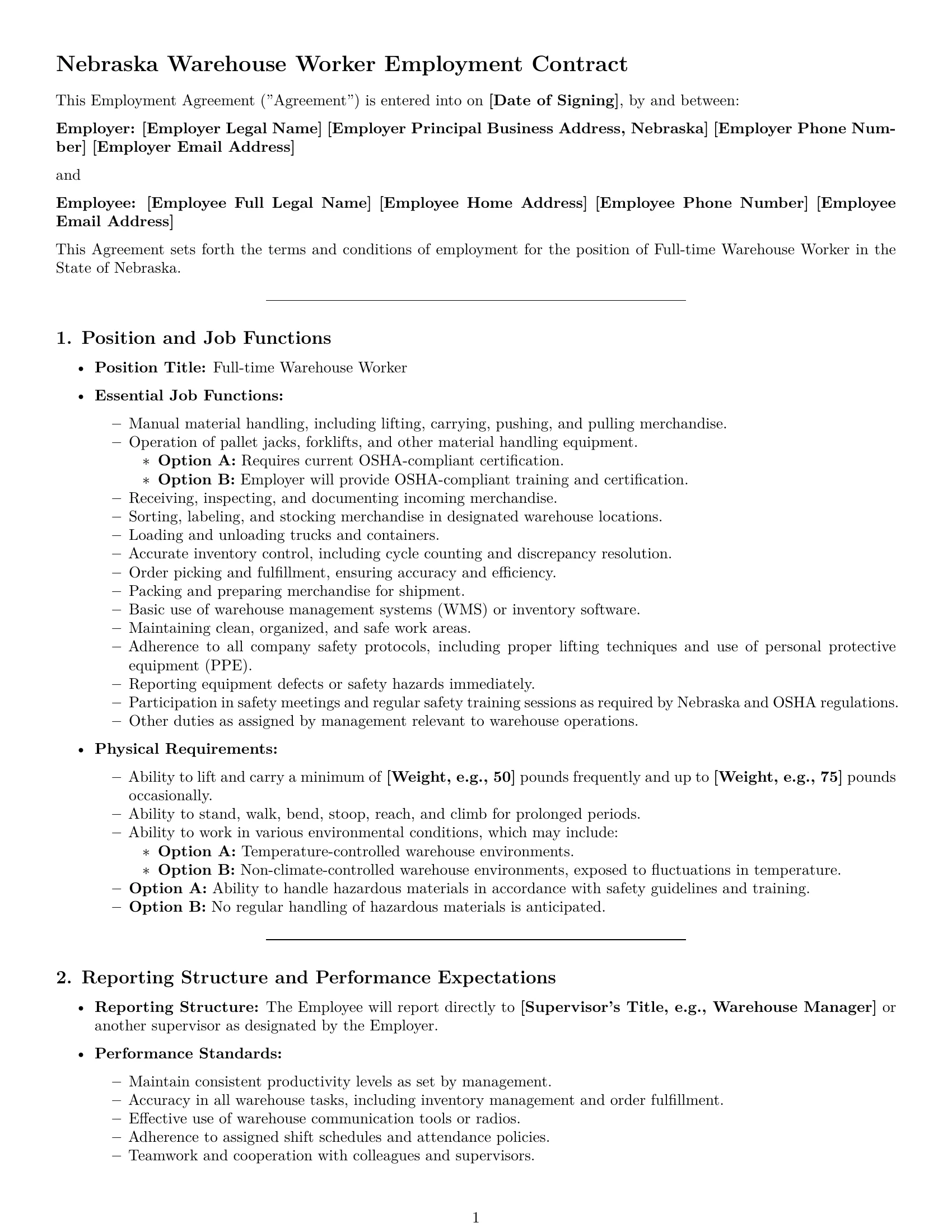 Preview page 1 of Pro Nebraska warehouse worker employment contract template