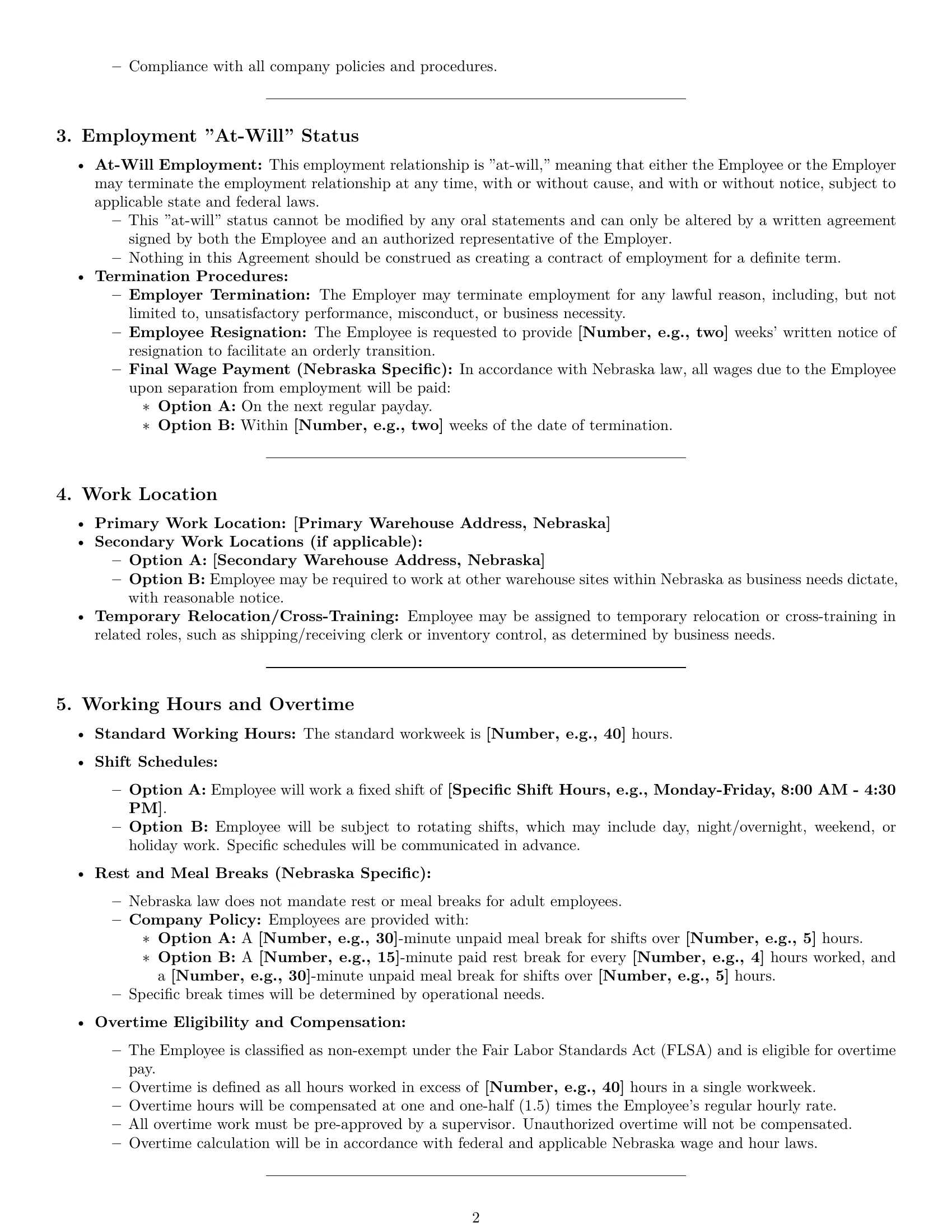 Preview page 2 of Pro Nebraska warehouse worker employment contract template