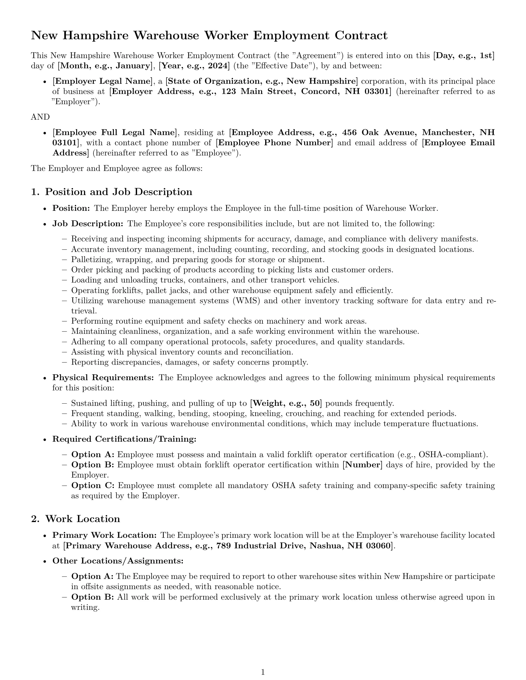 Preview page 1 of Pro New Hampshire warehouse worker employment contract template