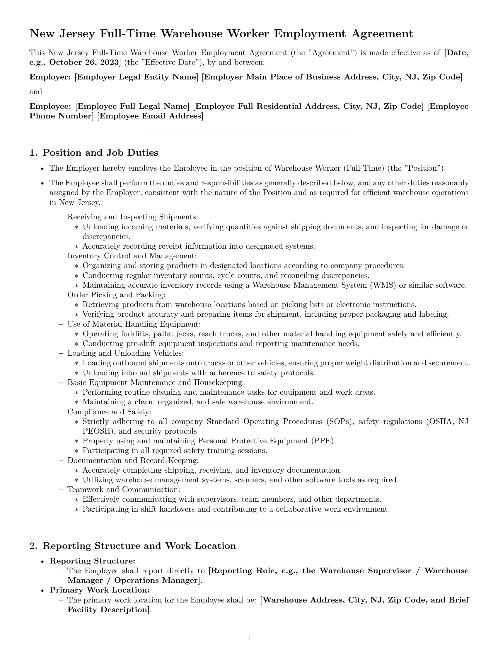 Preview page 1 of Pro New Jersey warehouse worker employment contract template