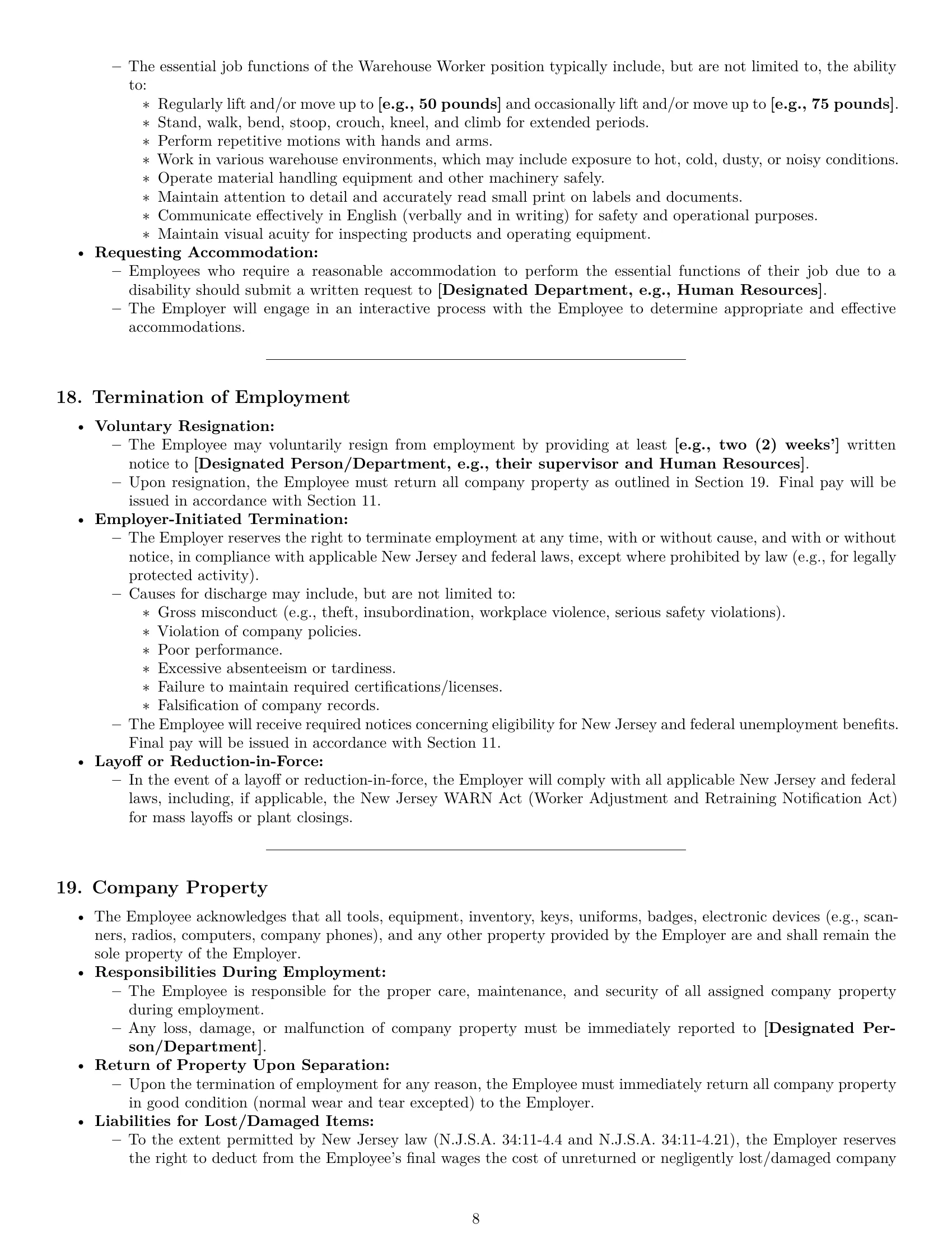 Preview page 8 of Pro New Jersey warehouse worker employment contract template