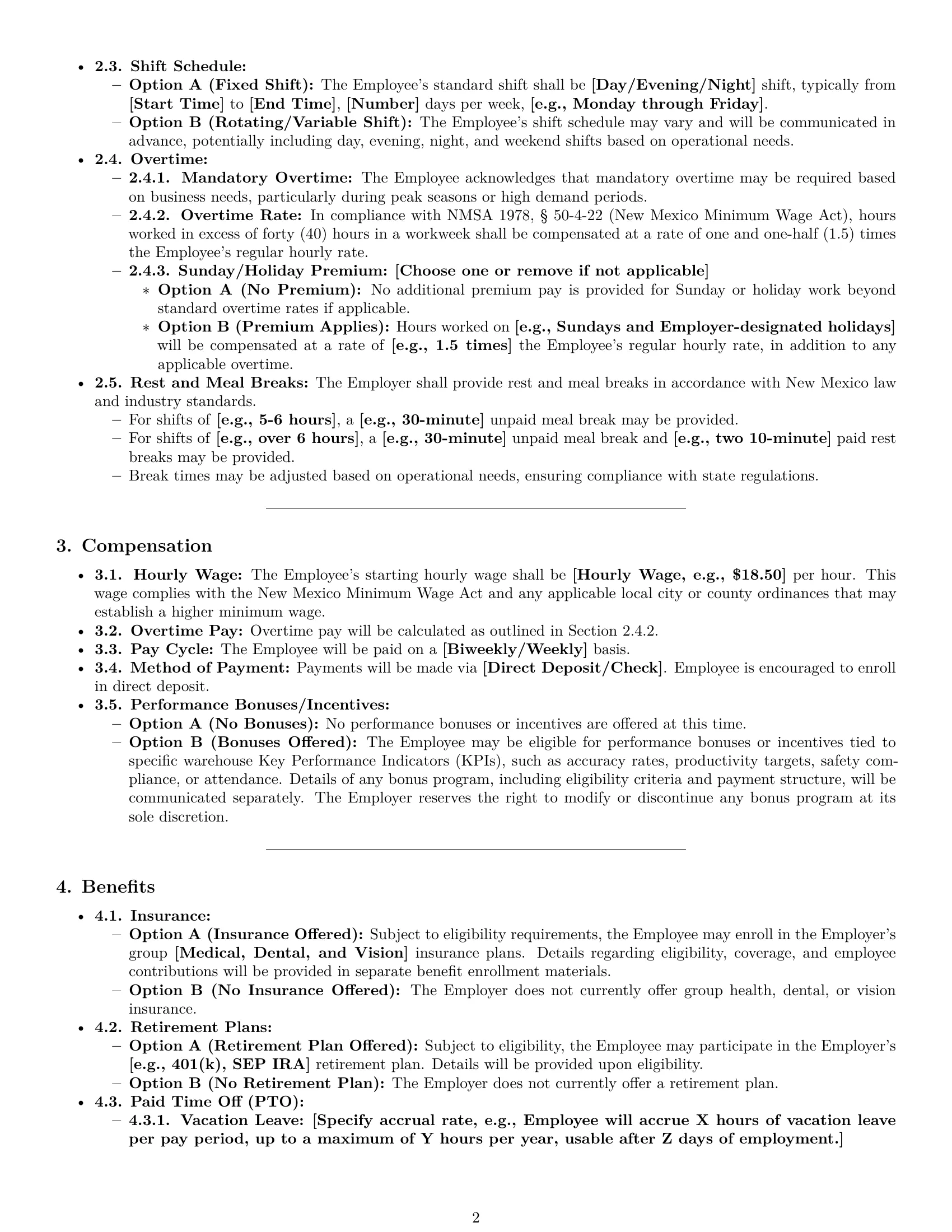 Preview page 2 of Pro New Mexico warehouse worker employment contract template