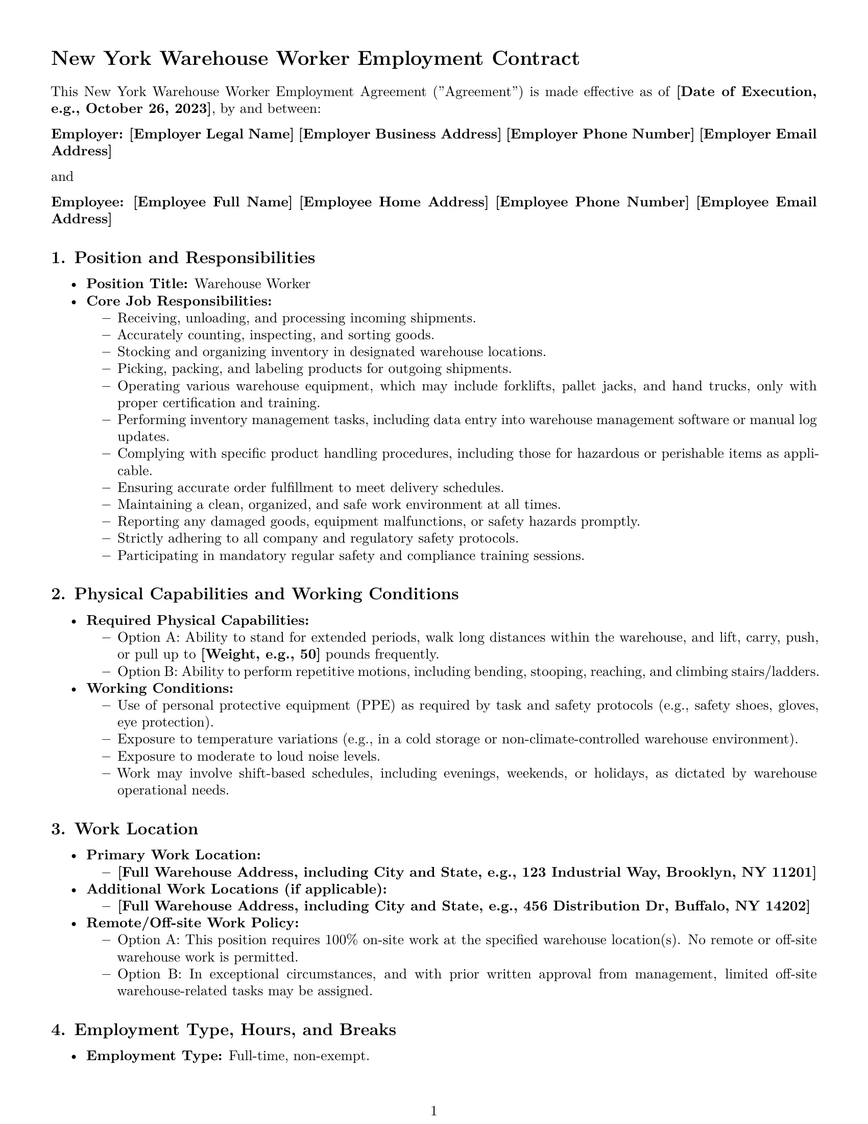 Preview page 1 of Pro New York warehouse worker employment contract template