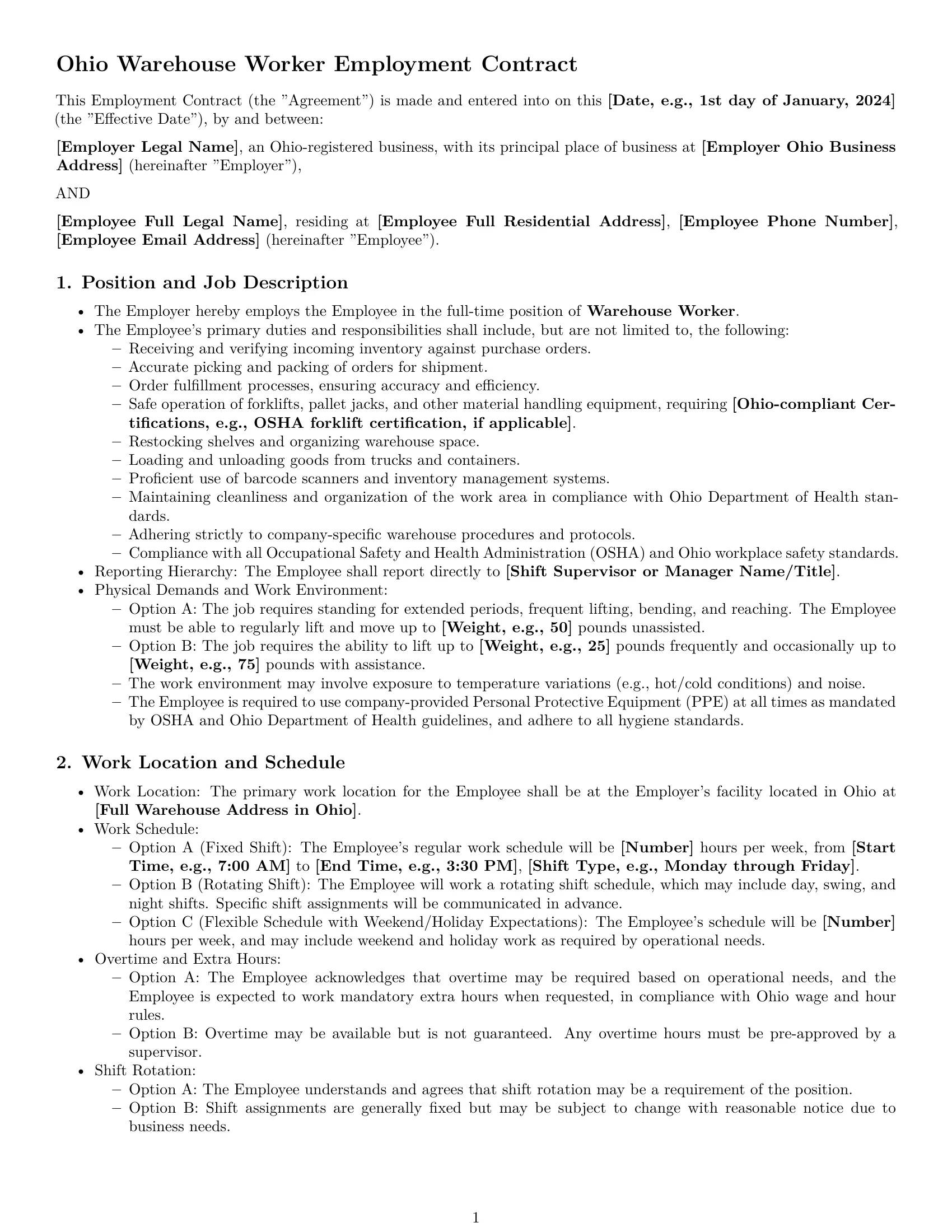 Preview page 1 of Pro Ohio warehouse worker employment contract template