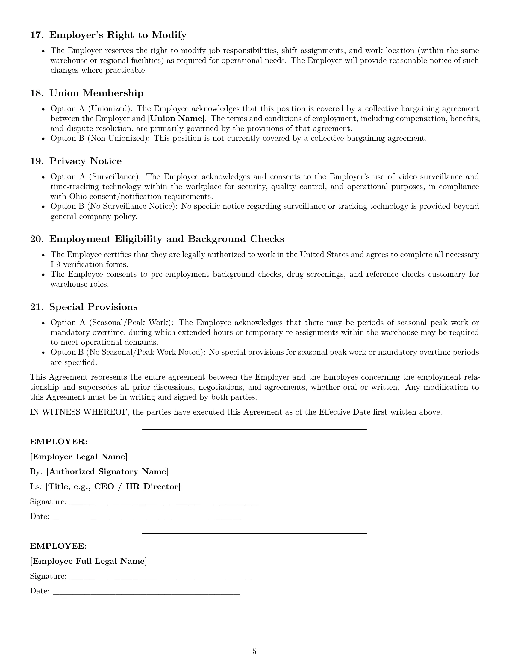 Preview page 5 of Pro Ohio warehouse worker employment contract template