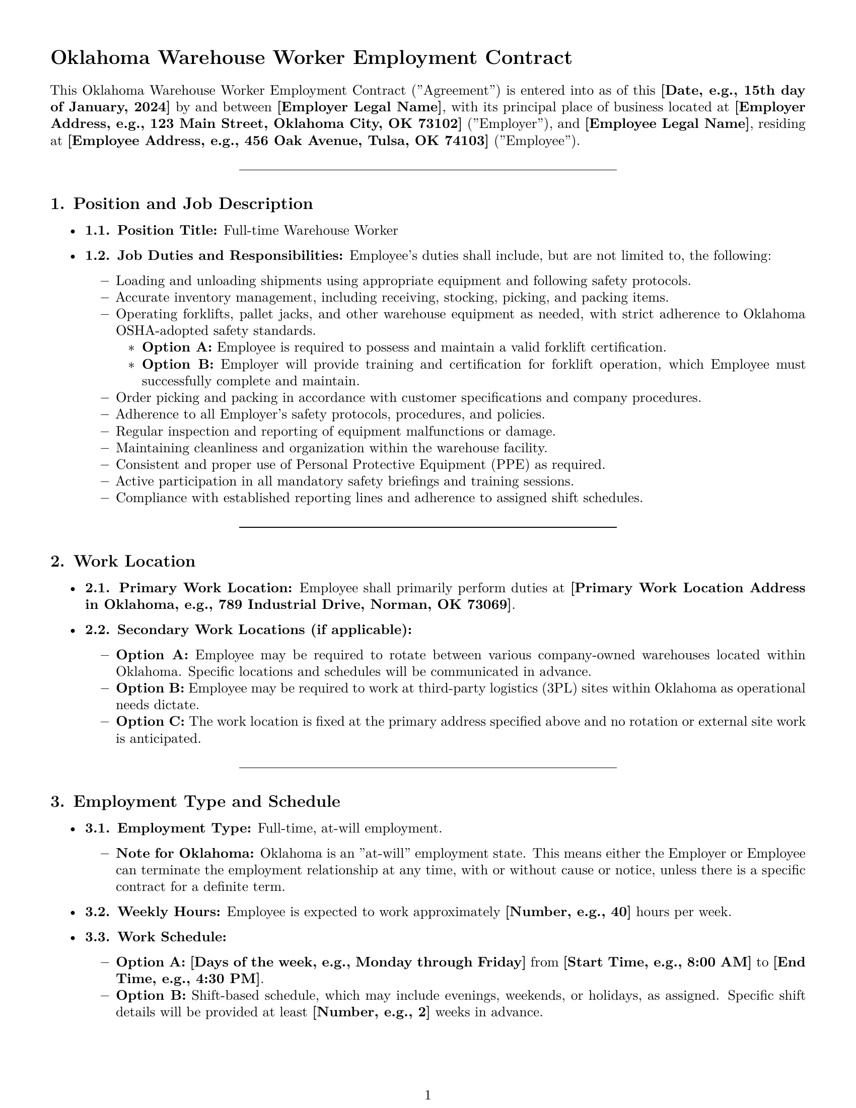 Preview page 1 of Pro Oklahoma warehouse worker employment contract template