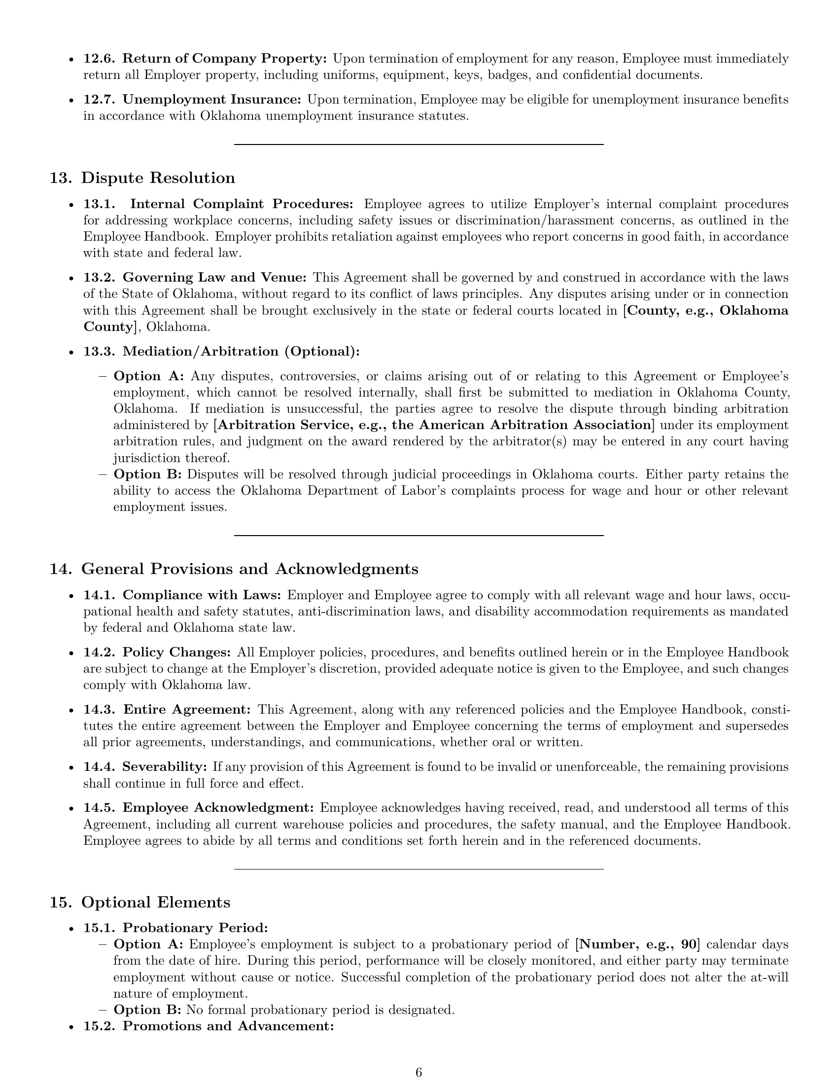 Preview page 6 of Pro Oklahoma warehouse worker employment contract template
