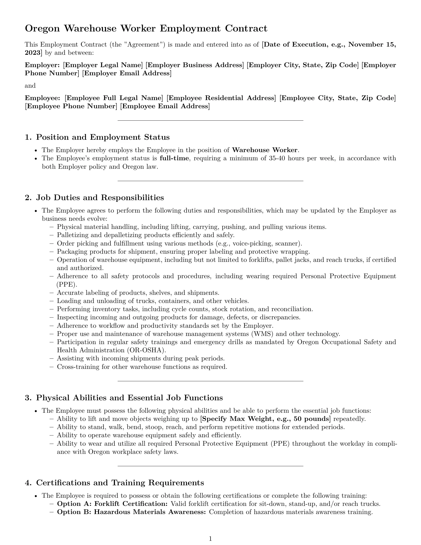 Preview page 1 of Pro Oregon warehouse worker employment contract template