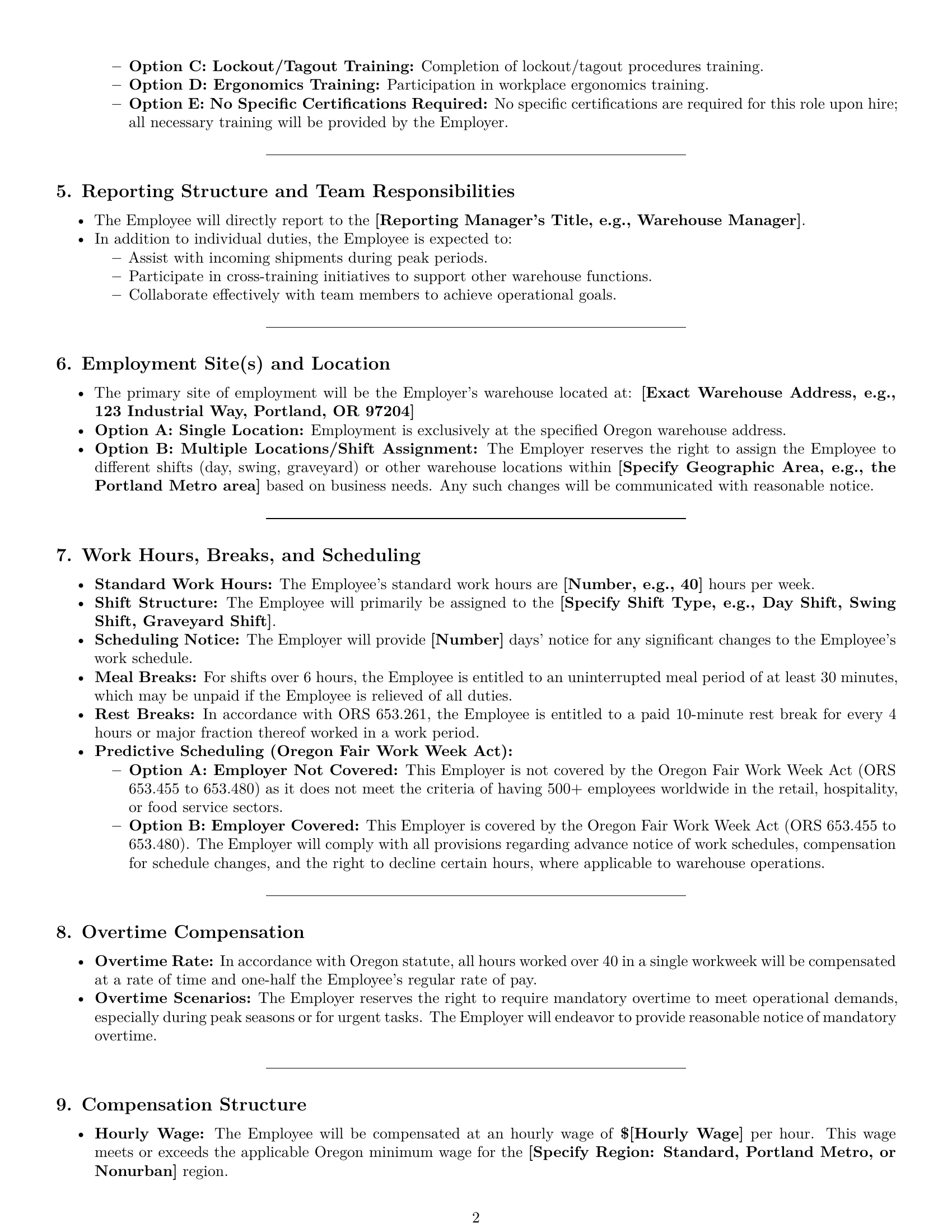 Preview page 2 of Pro Oregon warehouse worker employment contract template