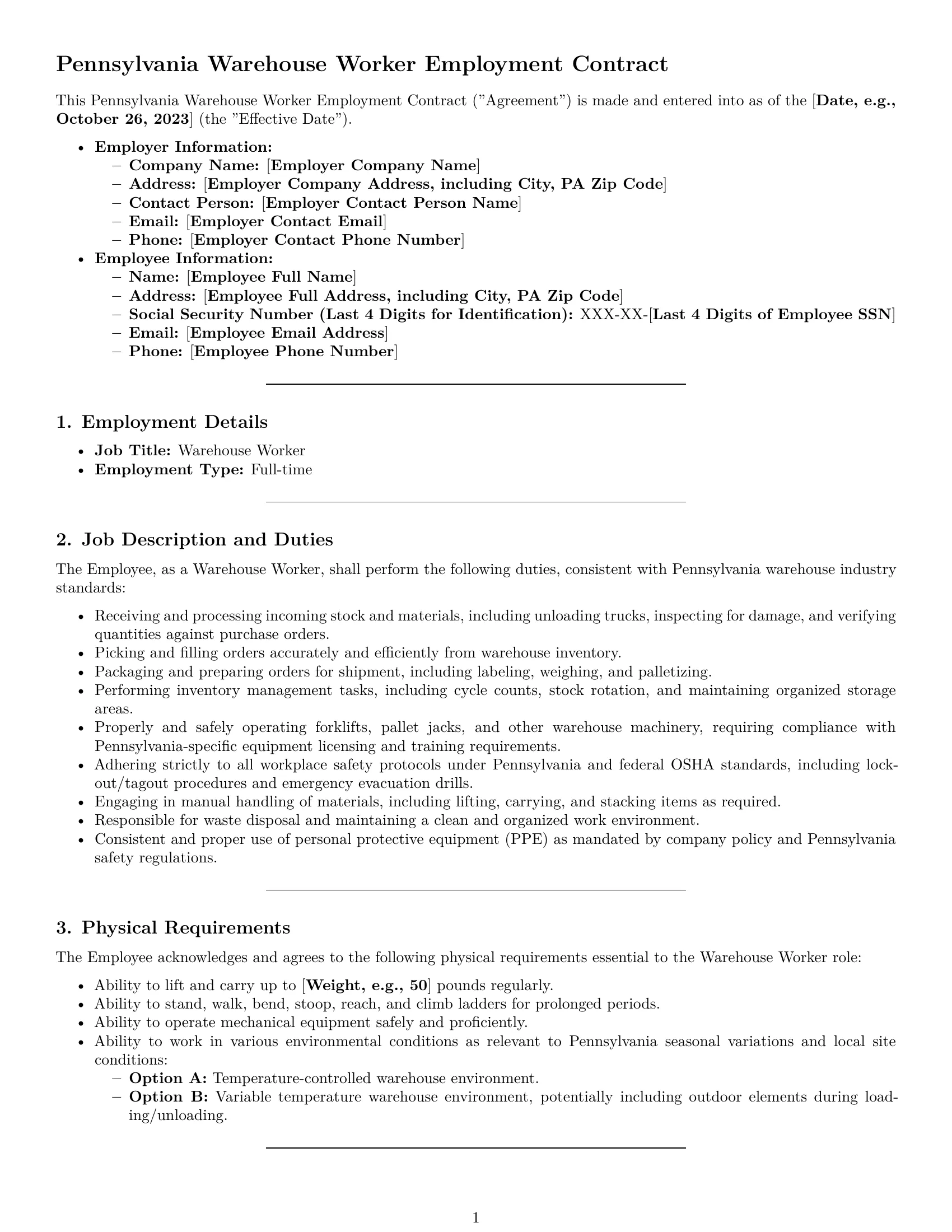 Preview page 1 of Pro Pennsylvania warehouse worker employment contract template