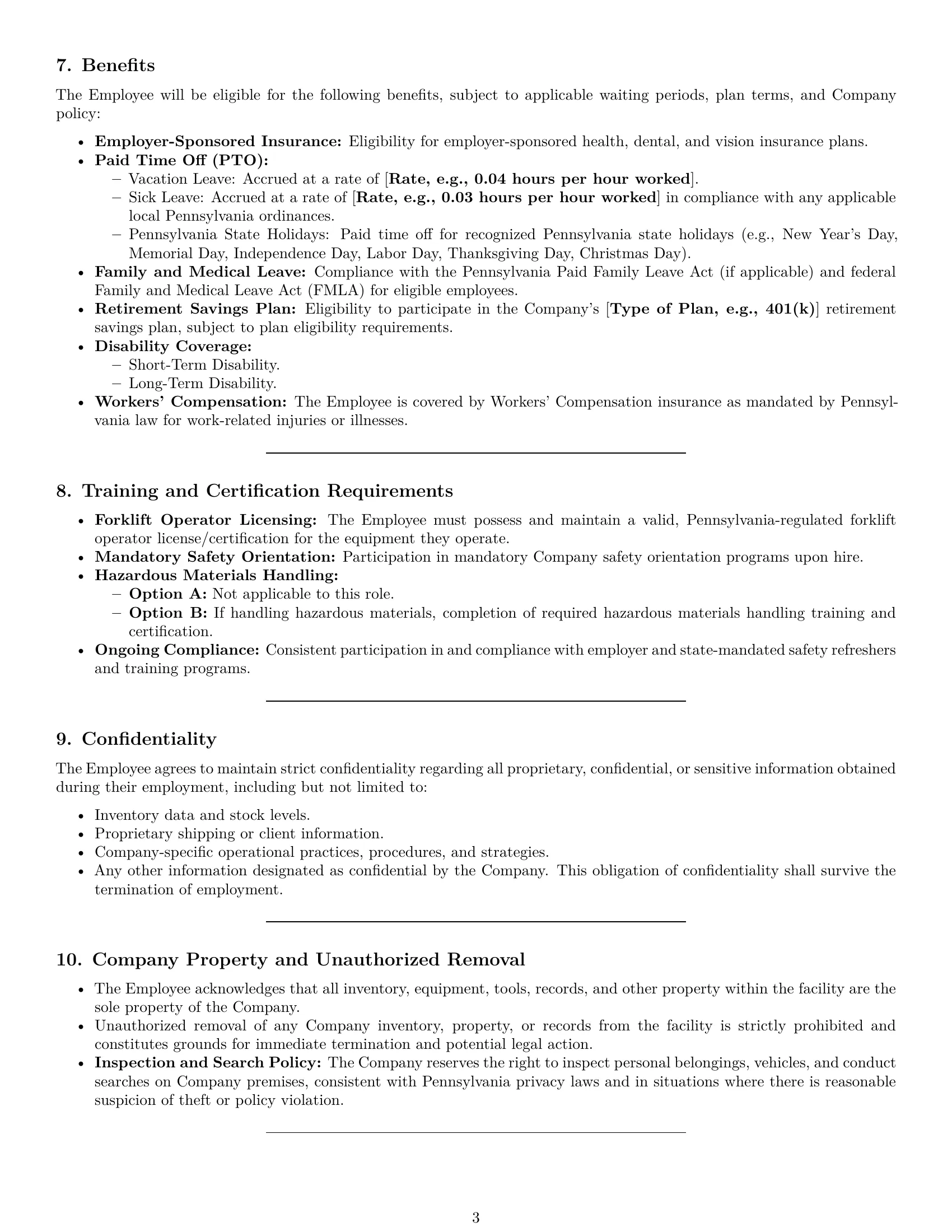 Preview page 3 of Pro Pennsylvania warehouse worker employment contract template
