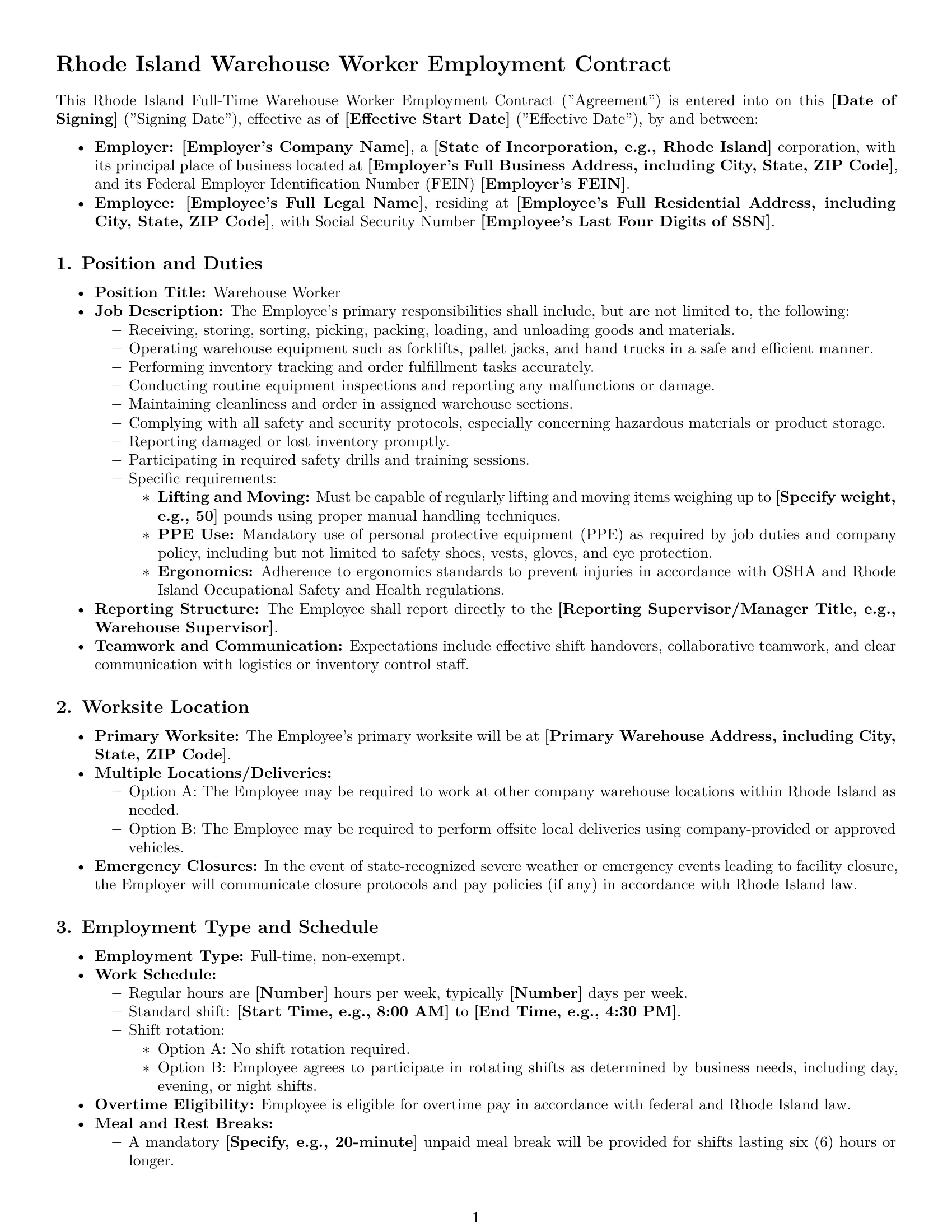 Preview page 1 of Pro Rhode Island warehouse worker employment contract template