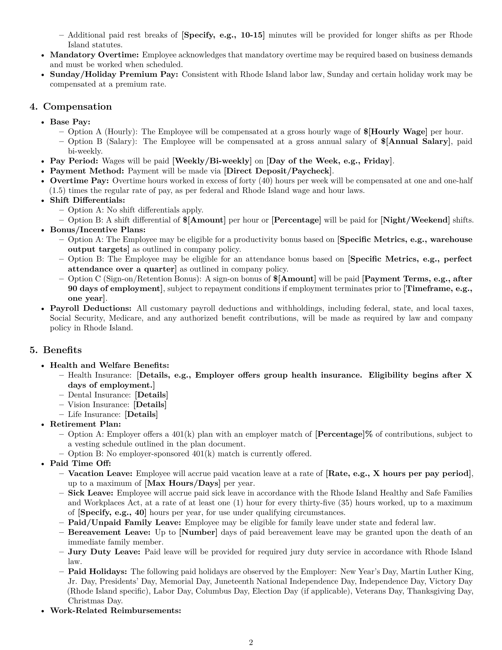 Preview page 2 of Pro Rhode Island warehouse worker employment contract template