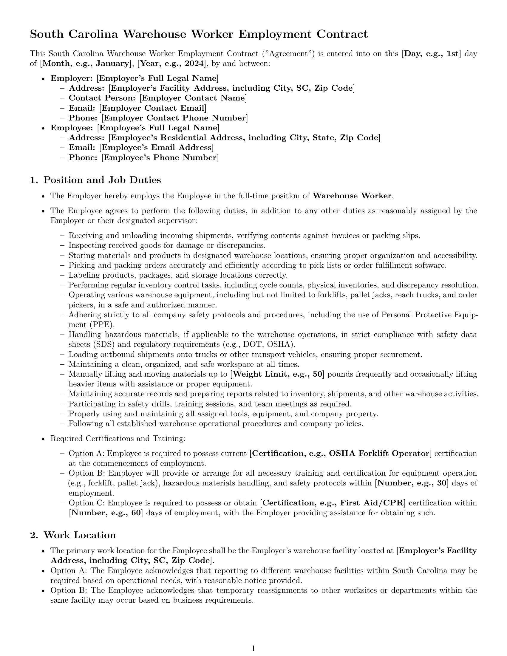 Preview page 1 of Pro South Carolina warehouse worker employment contract template