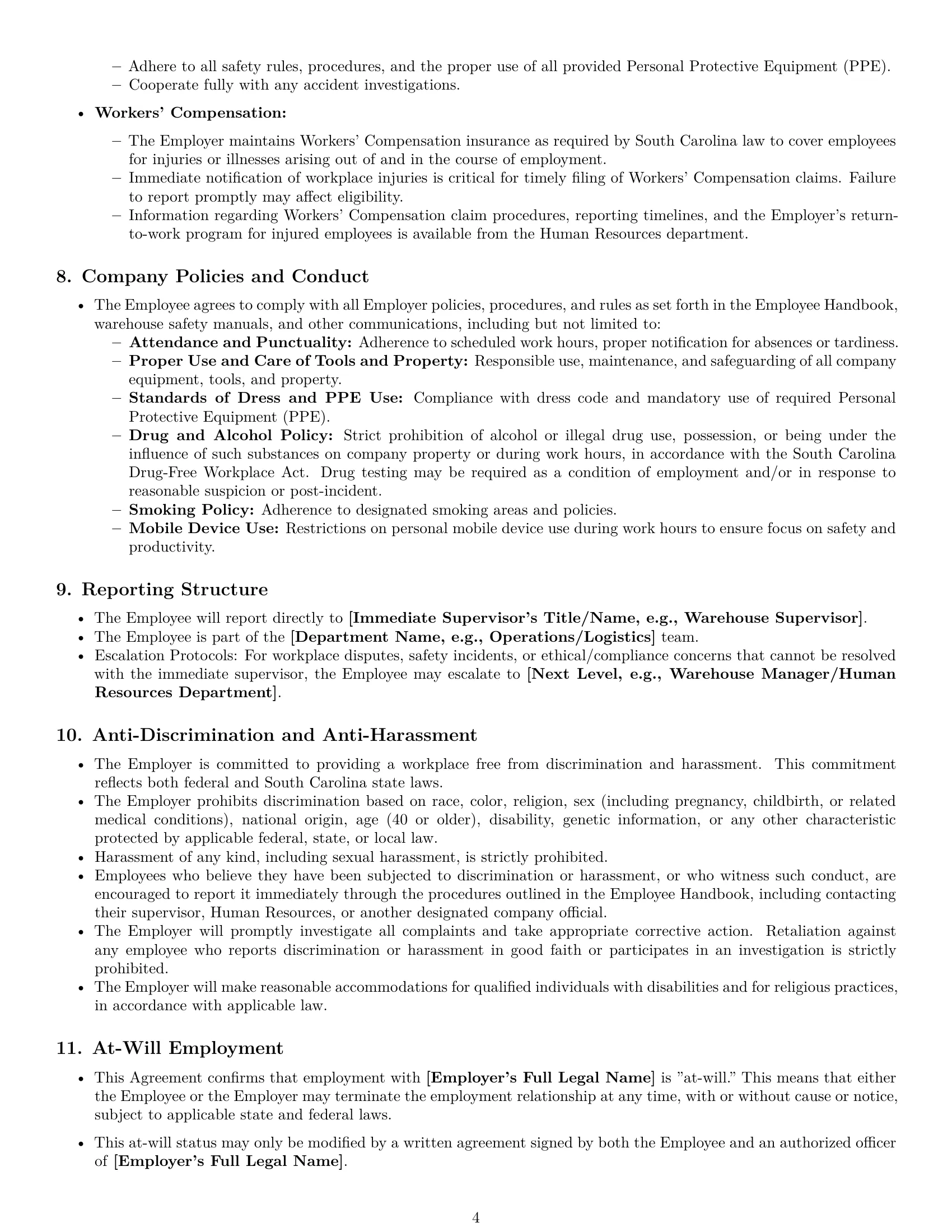 Preview page 4 of Pro South Carolina warehouse worker employment contract template
