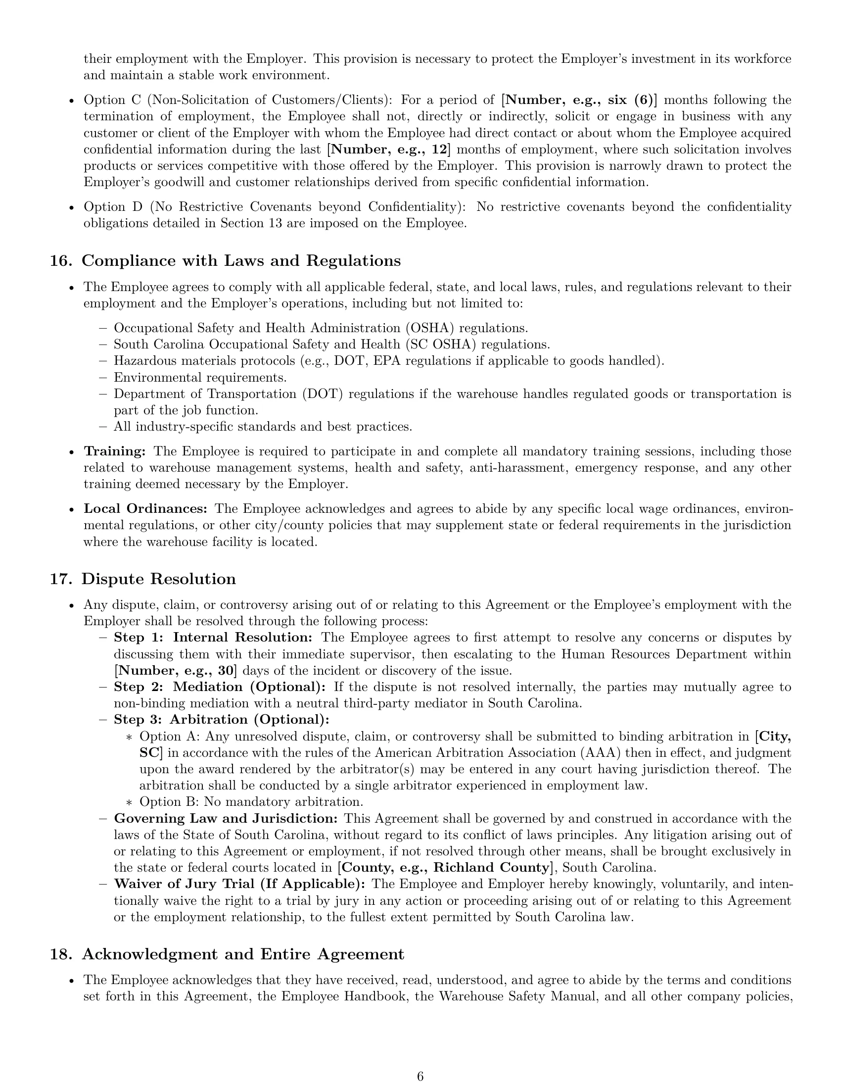 Preview page 6 of Pro South Carolina warehouse worker employment contract template