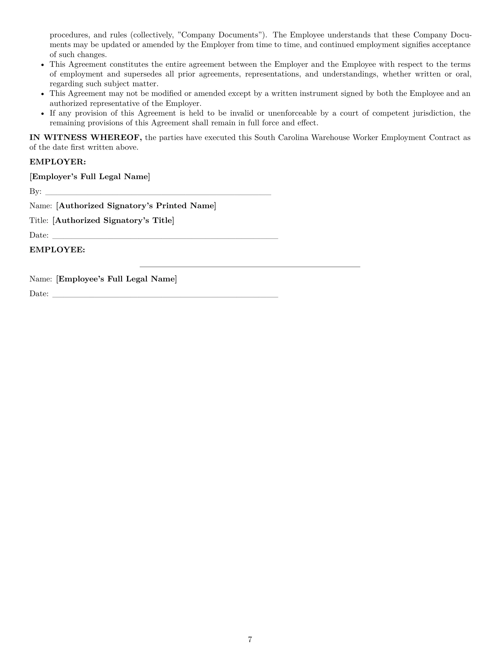 Preview page 7 of Pro South Carolina warehouse worker employment contract template