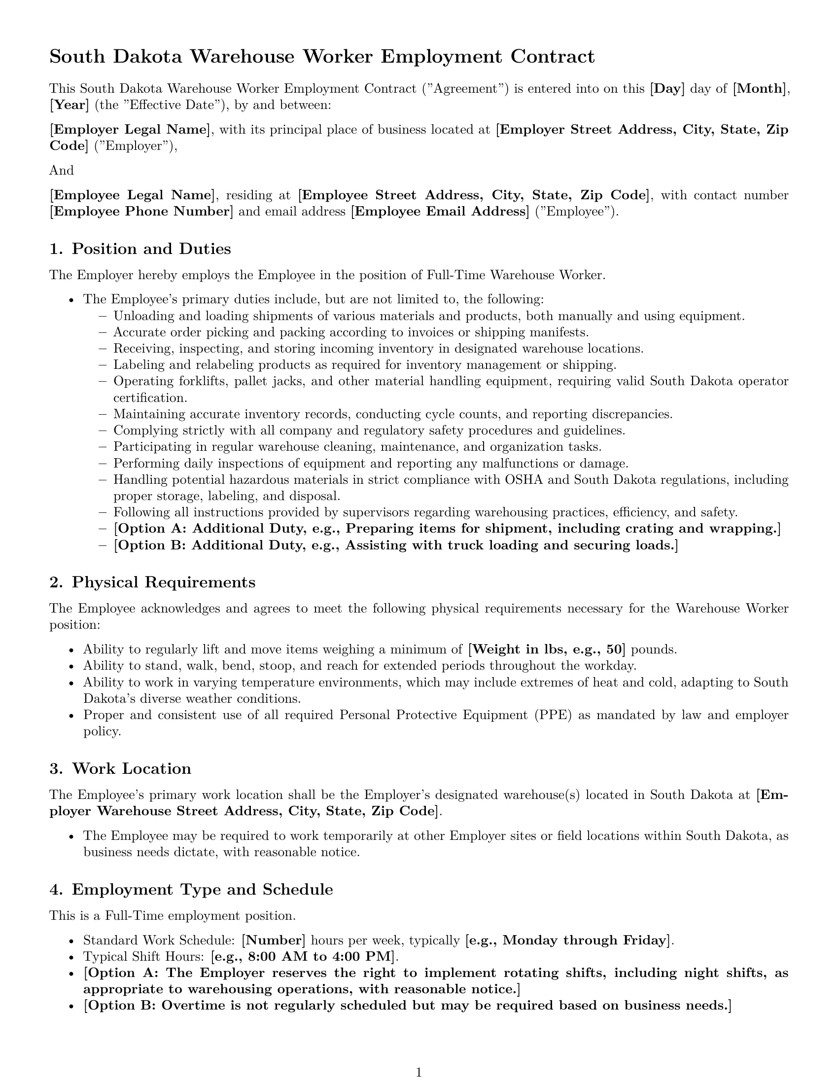 Preview page 1 of Pro South Dakota warehouse worker employment contract template