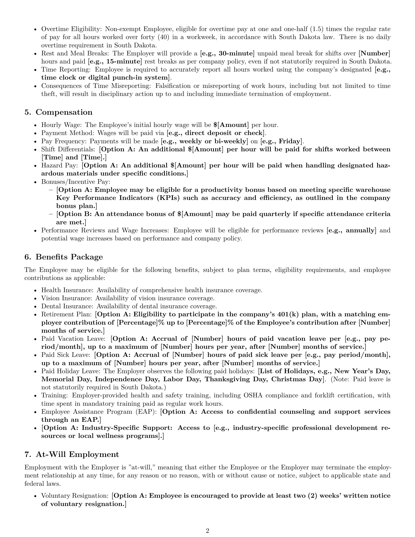 Preview page 2 of Pro South Dakota warehouse worker employment contract template