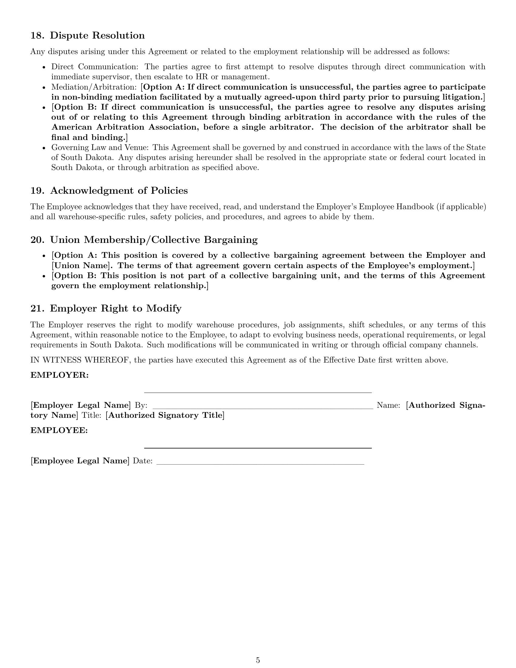 Preview page 5 of Pro South Dakota warehouse worker employment contract template