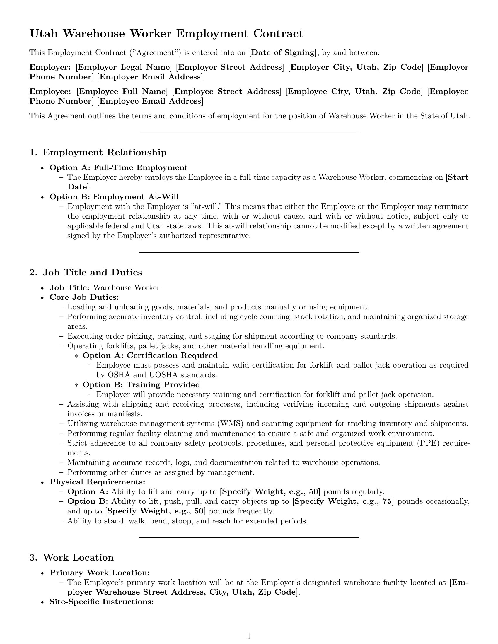 Preview page 1 of Pro Utah warehouse worker employment contract template
