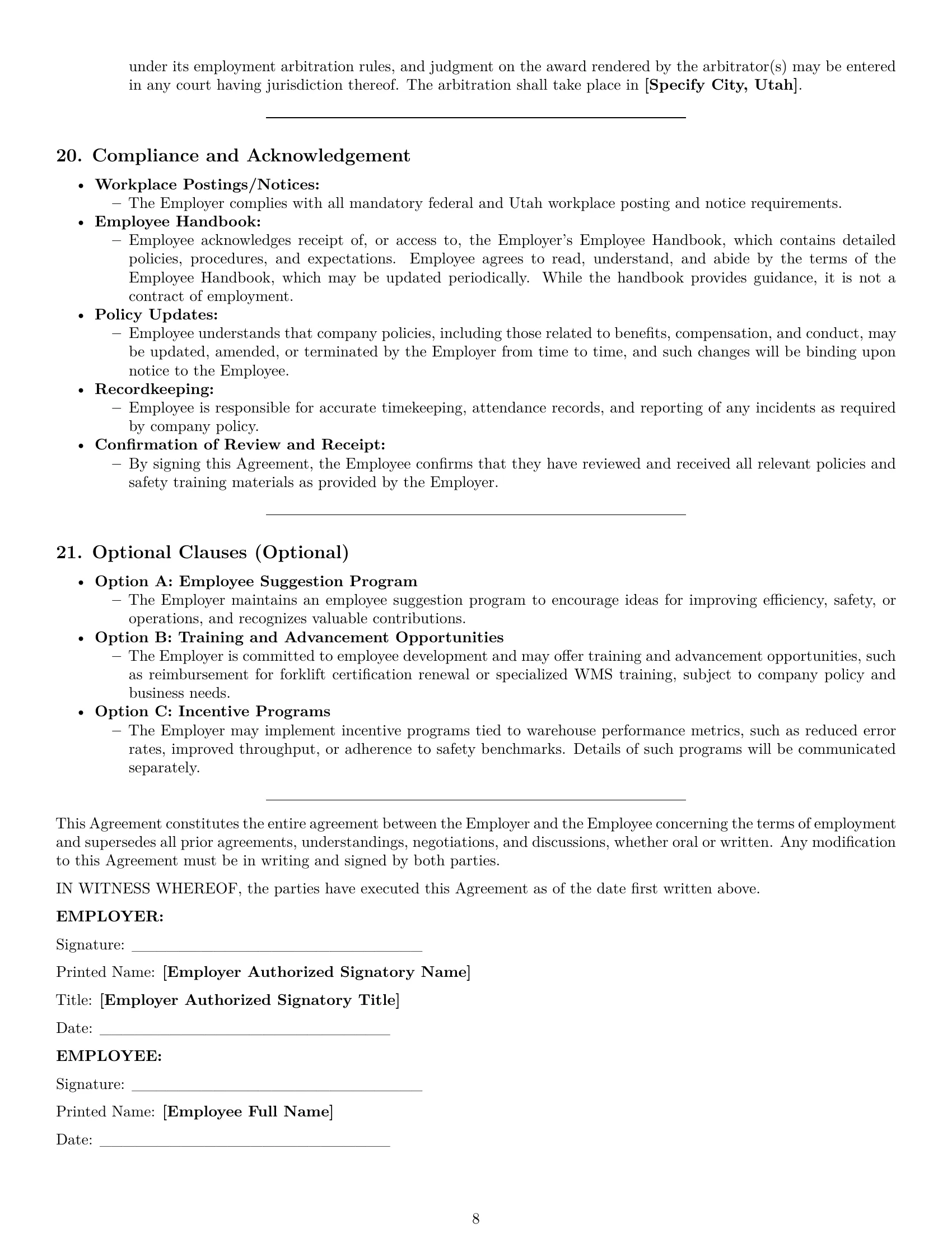 Preview page 8 of Pro Utah warehouse worker employment contract template