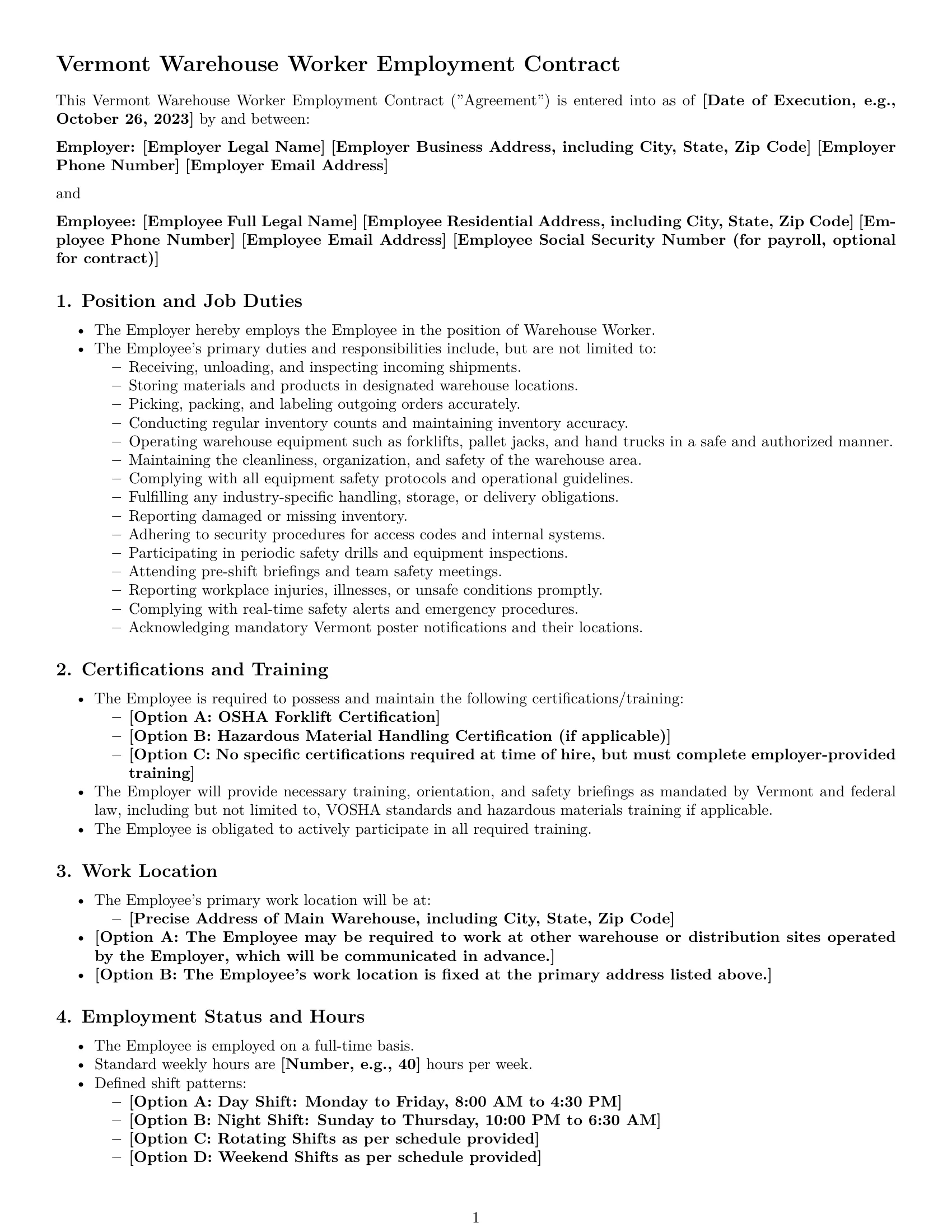 Preview page 1 of Pro Vermont warehouse worker employment contract template