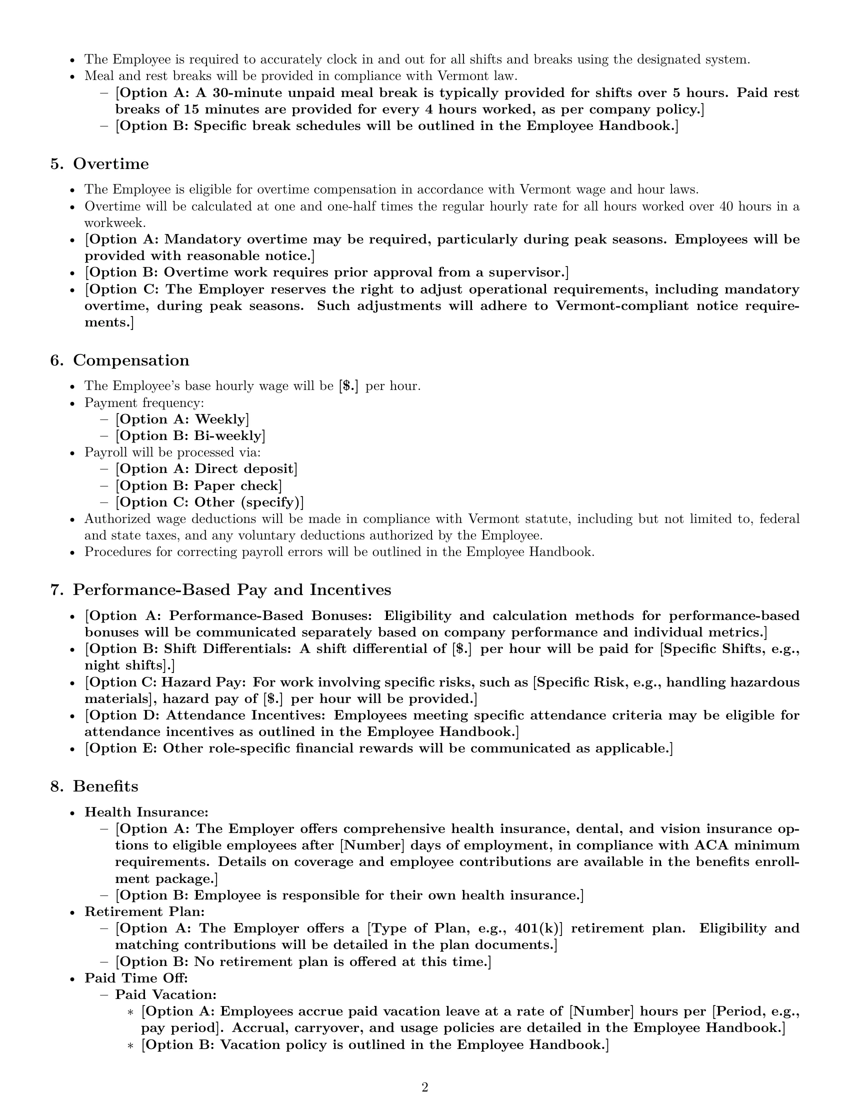 Preview page 2 of Pro Vermont warehouse worker employment contract template